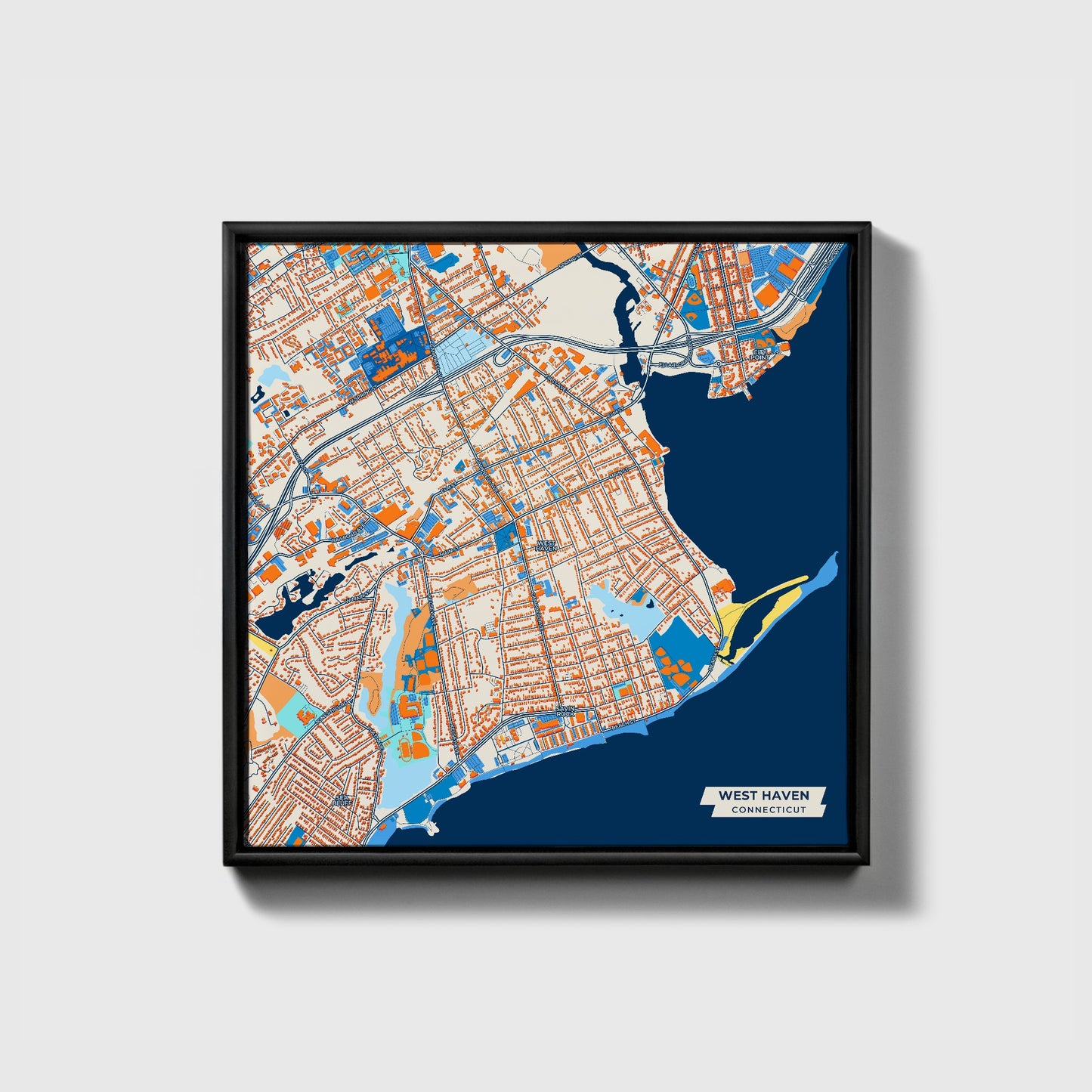 West Haven Connecticut Colorful City Map Canvas Print • Black Framed