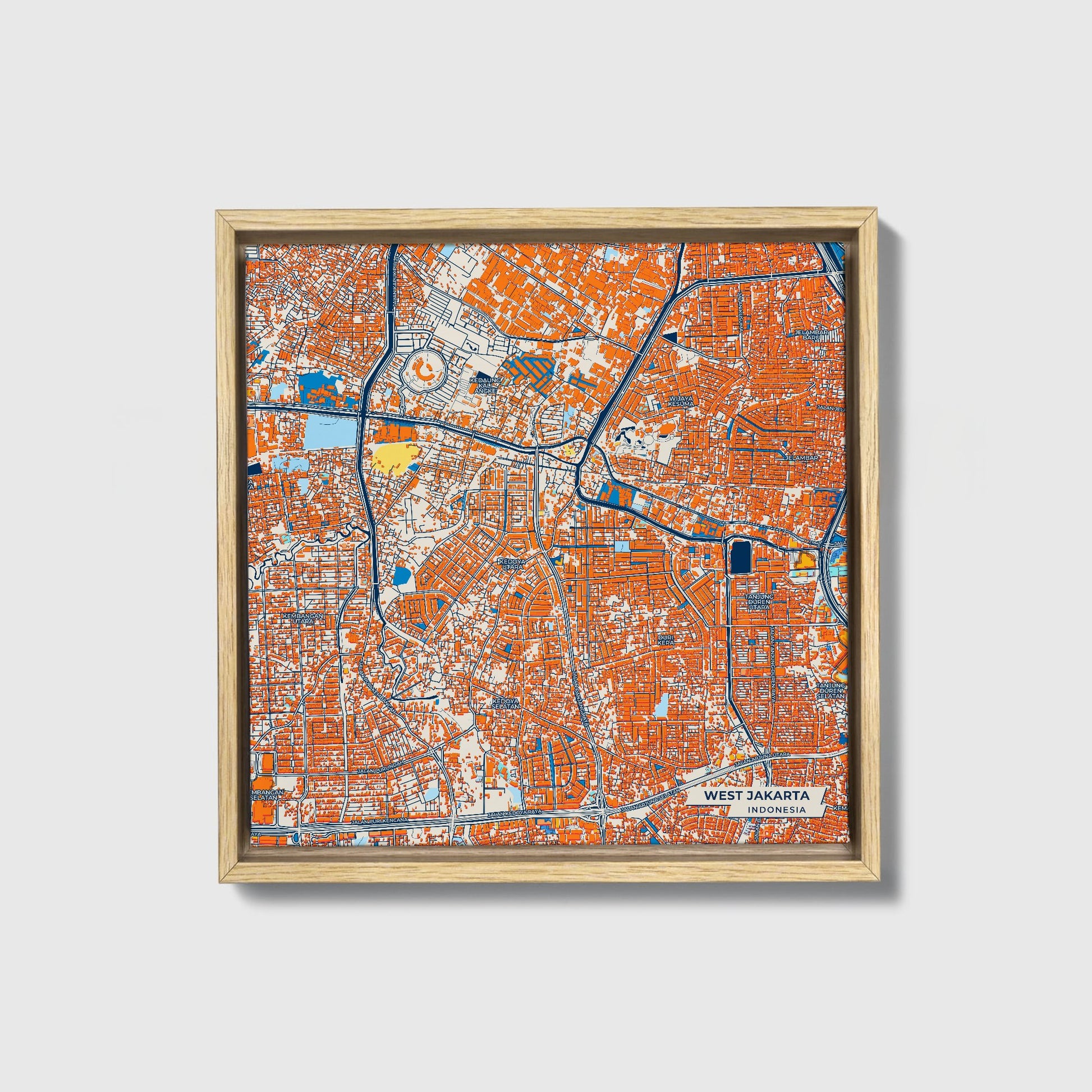 West Jakarta Indonesia Colorful City Map Canvas Print • Natural Wooden Framed