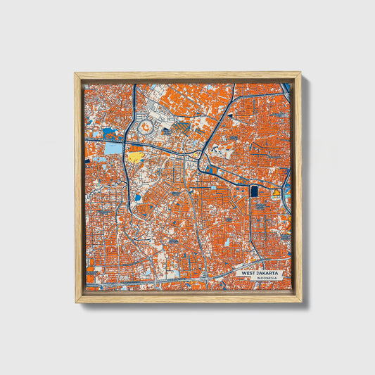 West Jakarta Indonesia Colorful City Map Canvas Print • Natural Wooden Framed
