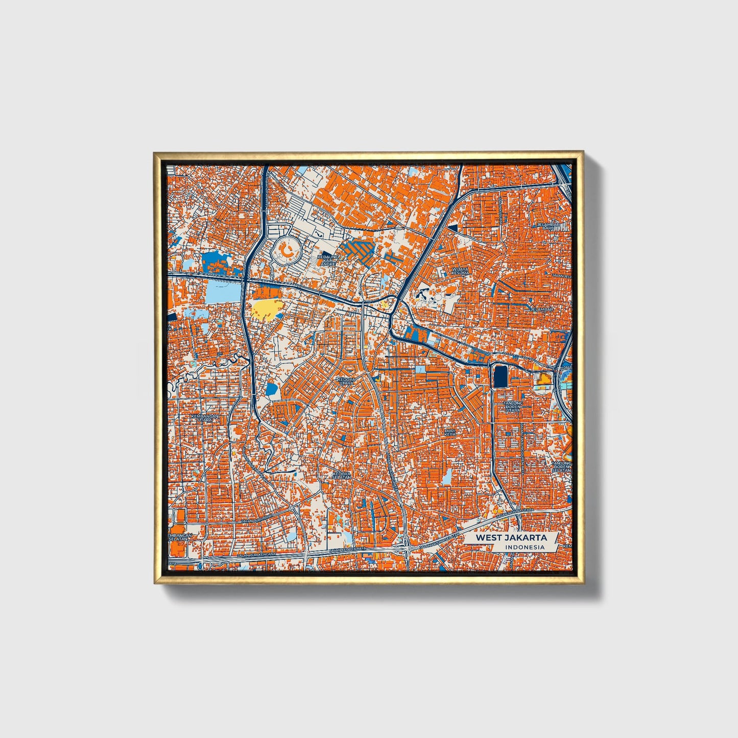 West Jakarta Indonesia Colorful City Map Canvas Print • Gold Framed