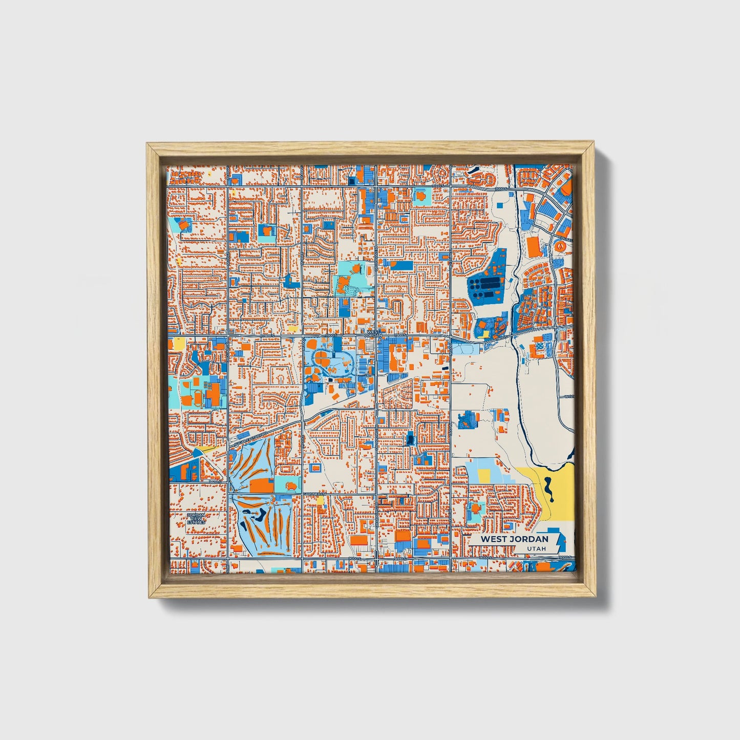 West Jordan Utah Colorful City Map Canvas Print • Natural Wooden Framed