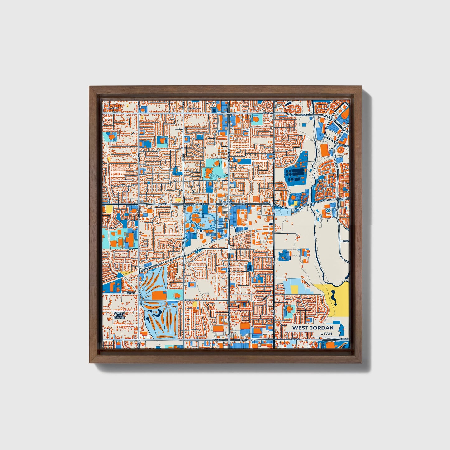 West Jordan Utah Colorful City Map Canvas Print • Dark Wooden Framed