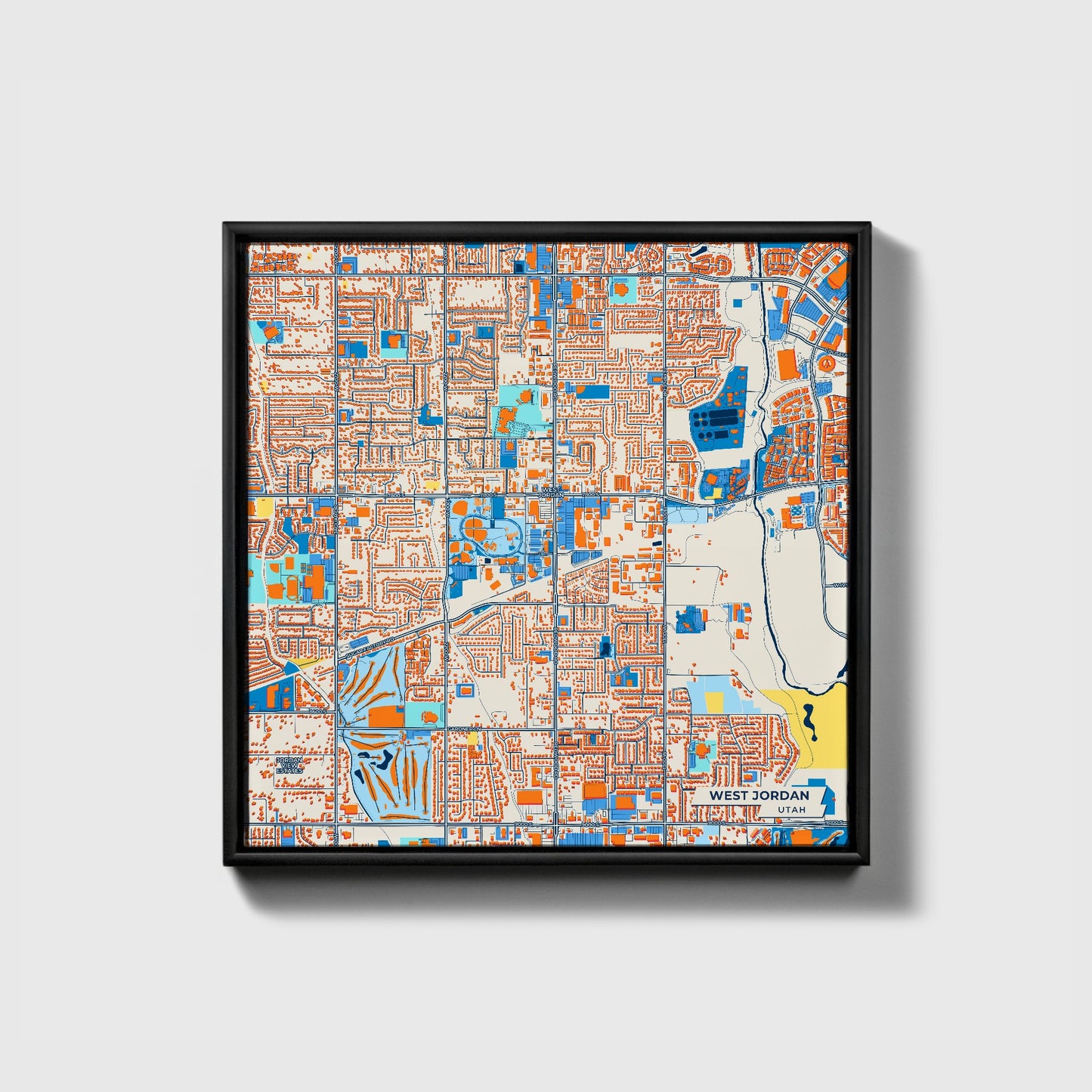 West Jordan Utah Colorful City Map Canvas Print • Black Framed