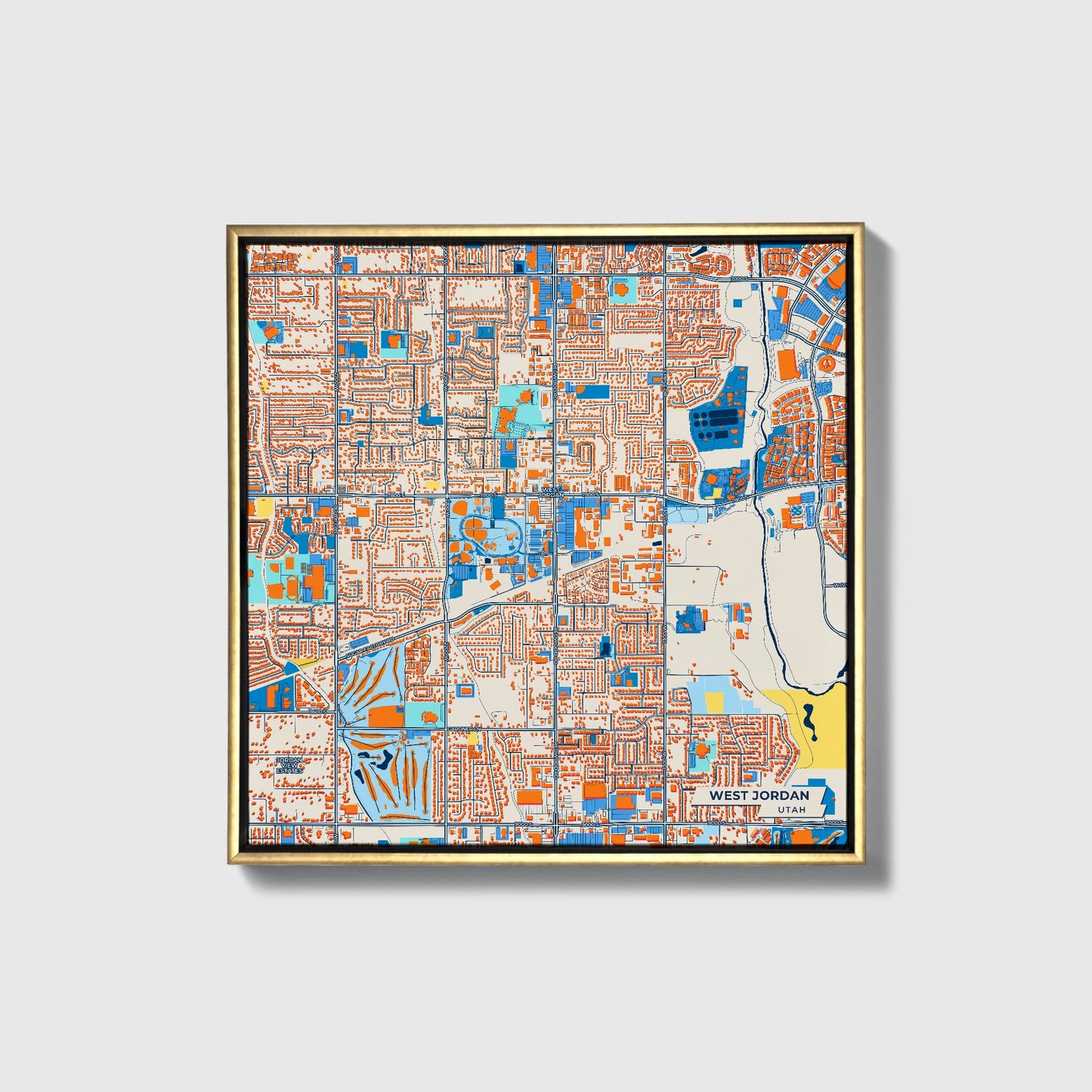West Jordan Utah Colorful City Map Canvas Print • Gold Framed