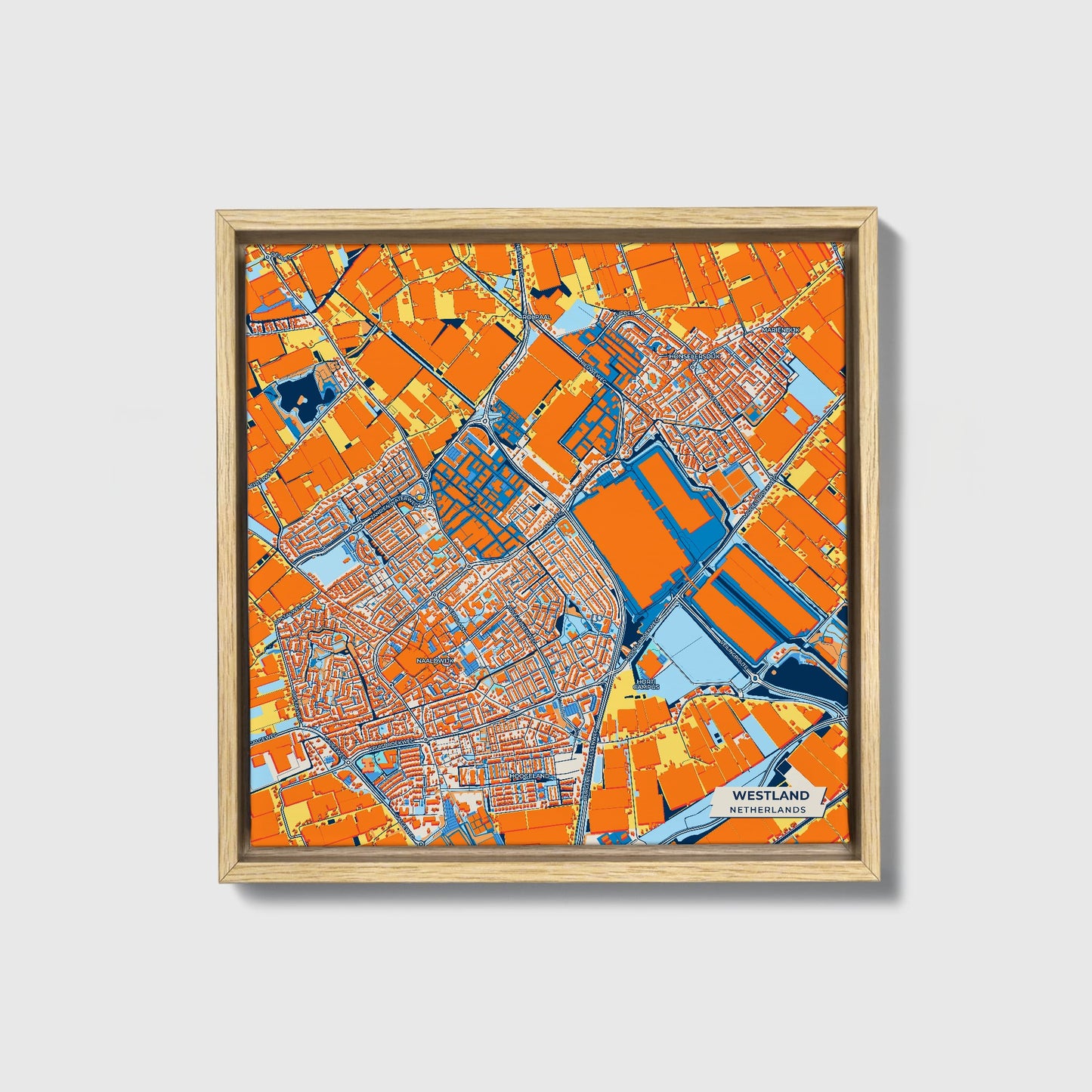 Westland Netherlands Colorful City Map Canvas Print • Natural Wooden Framed