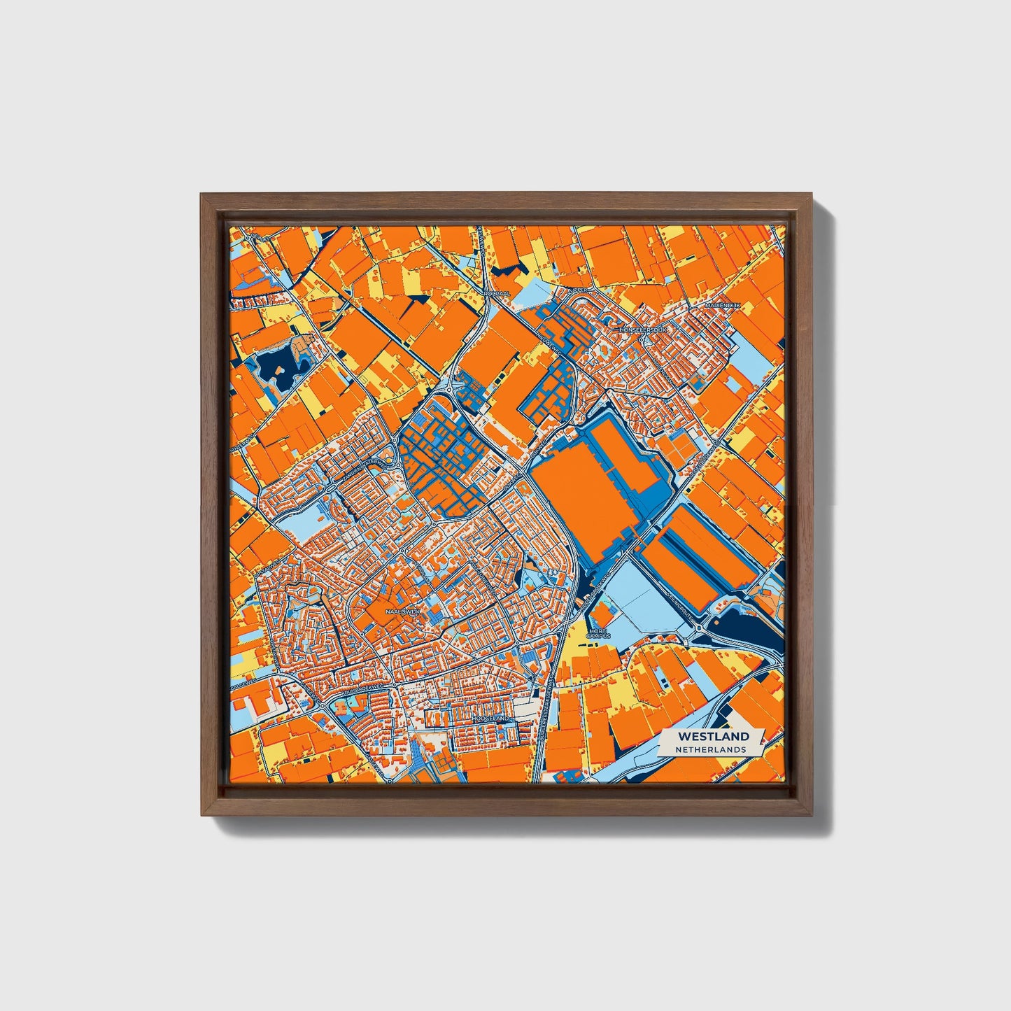 Westland Netherlands Colorful City Map Canvas Print • Dark Wooden Framed