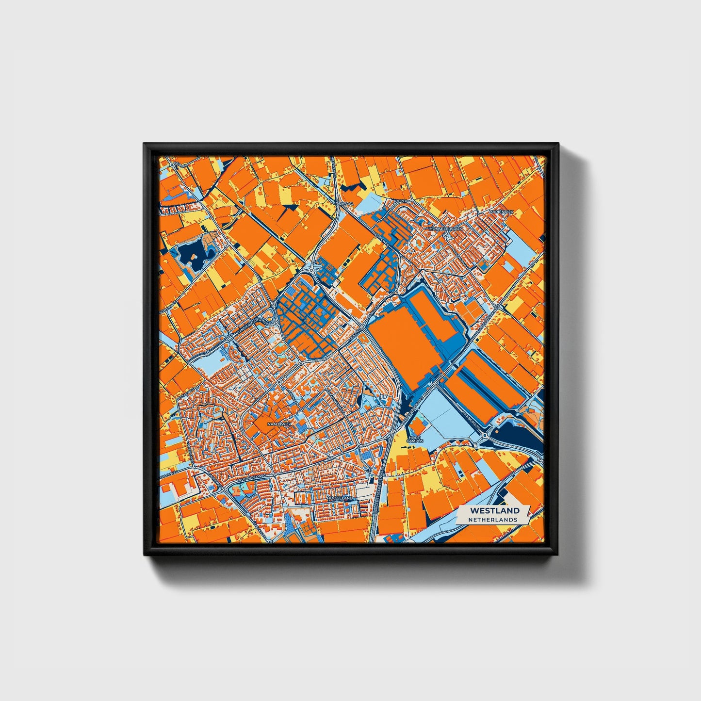Westland Netherlands Colorful City Map Canvas Print • Black Framed
