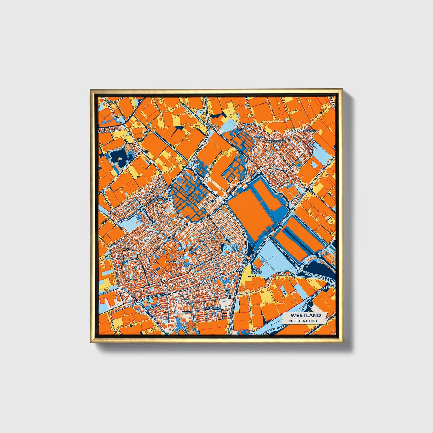 Westland Netherlands Colorful City Map Canvas Print • Gold Framed
