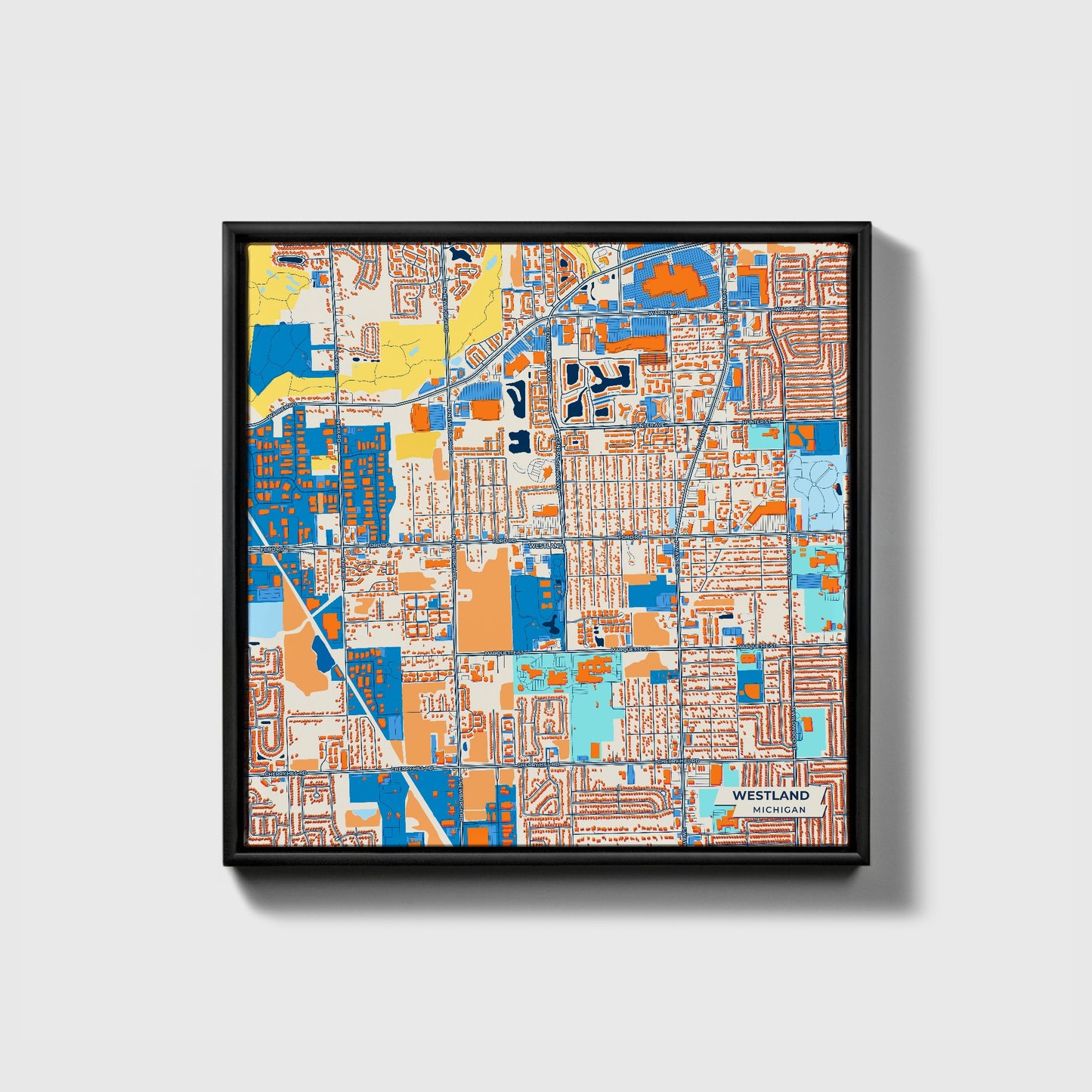 Westland Michigan Colorful City Map Canvas Print • Black Framed