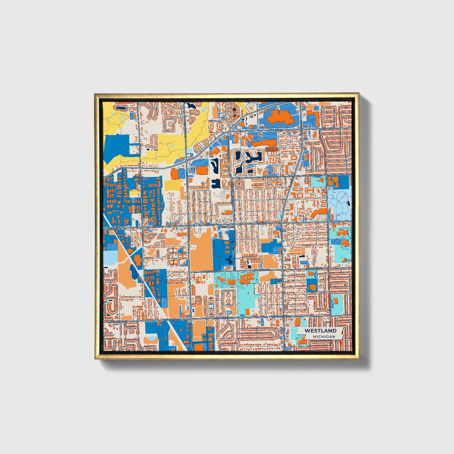 Westland Michigan Colorful City Map Canvas Print • Gold Framed