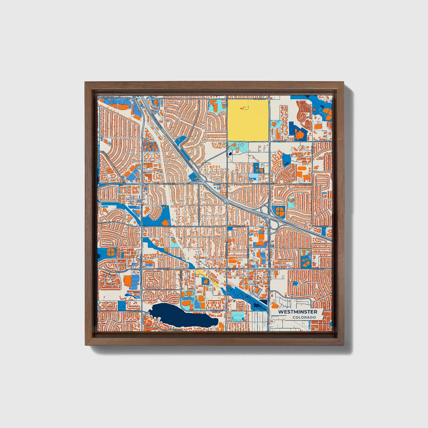 Westminster Colorado Colorful City Map Canvas Print • Dark Wooden Framed