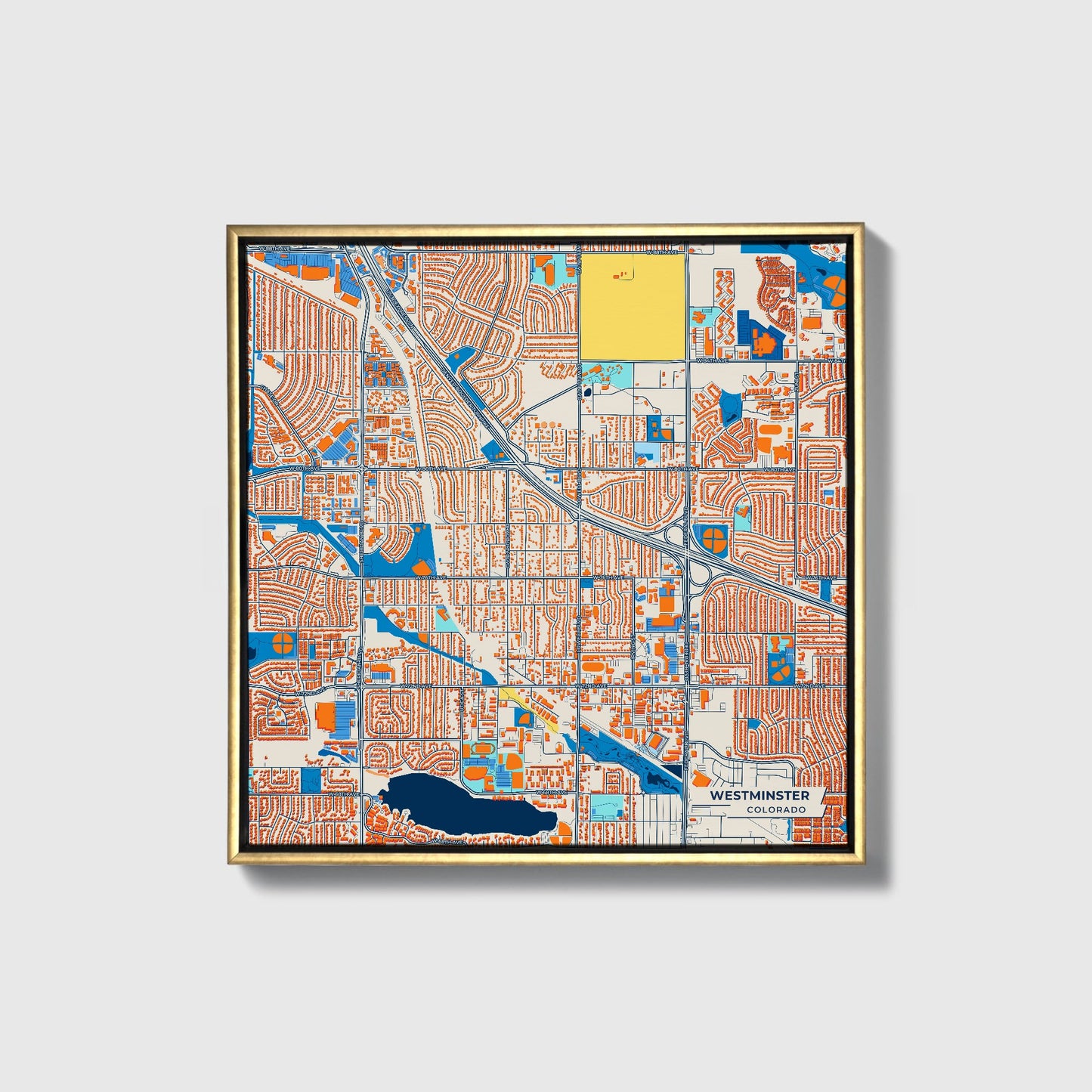 Westminster Colorado Colorful City Map Canvas Print • Gold Framed