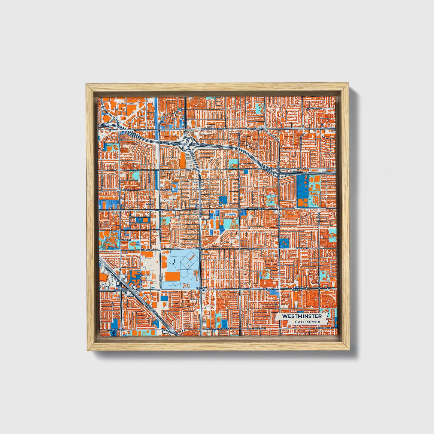 Westminster California Colorful City Map Canvas Print • Natural Wooden Framed