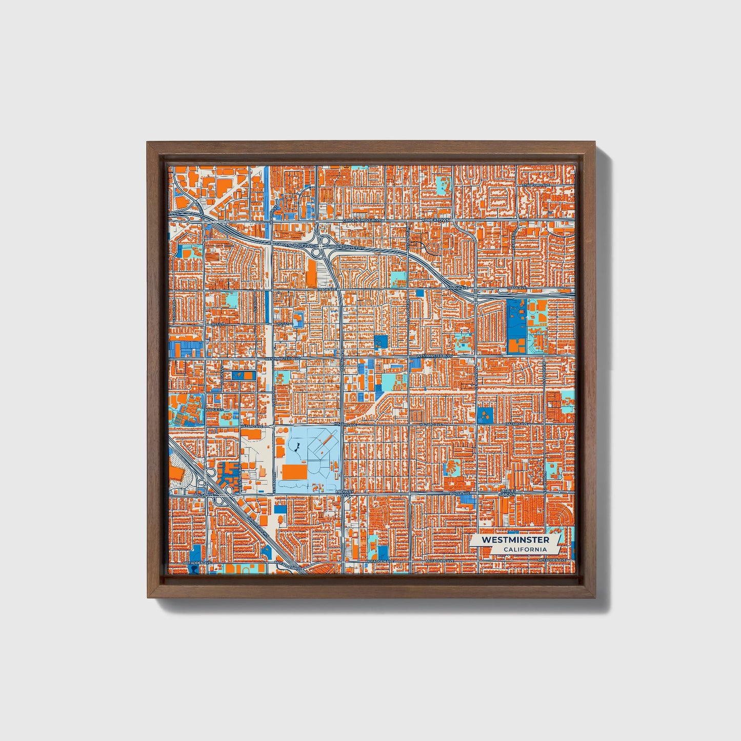Westminster California Colorful City Map Canvas Print • Dark Wooden Framed
