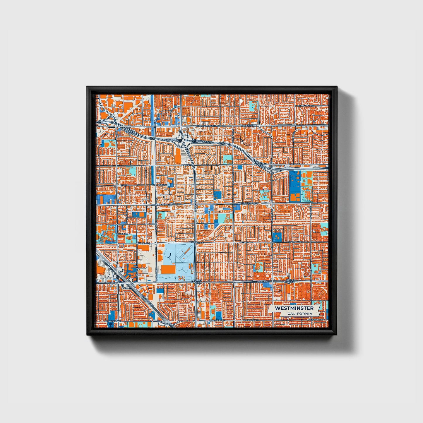 Westminster California Colorful City Map Canvas Print • Black Framed