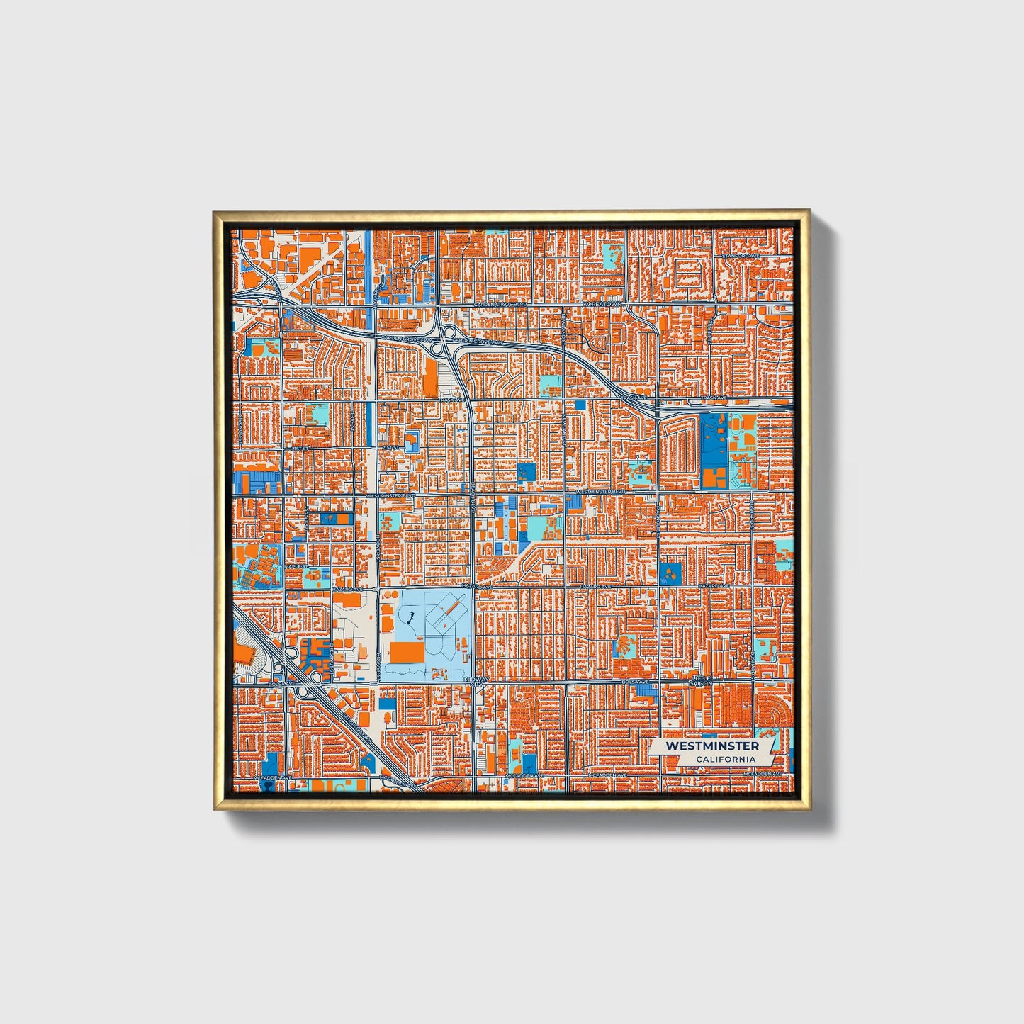 Westminster California Colorful City Map Canvas Print • Gold Framed