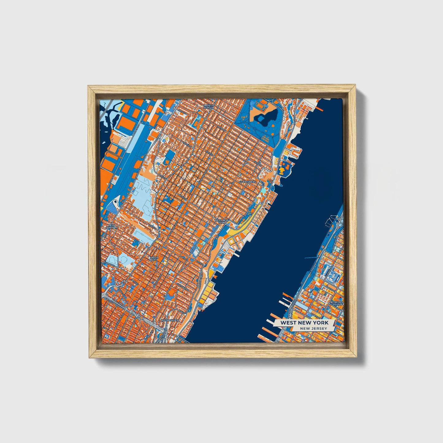 West New York New Jersey Colorful City Map Canvas Print • Natural Wooden Framed
