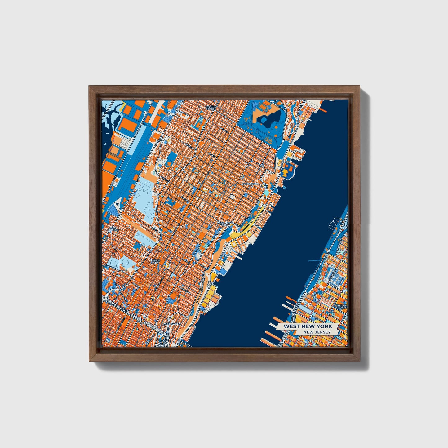 West New York New Jersey Colorful City Map Canvas Print • Dark Wooden Framed