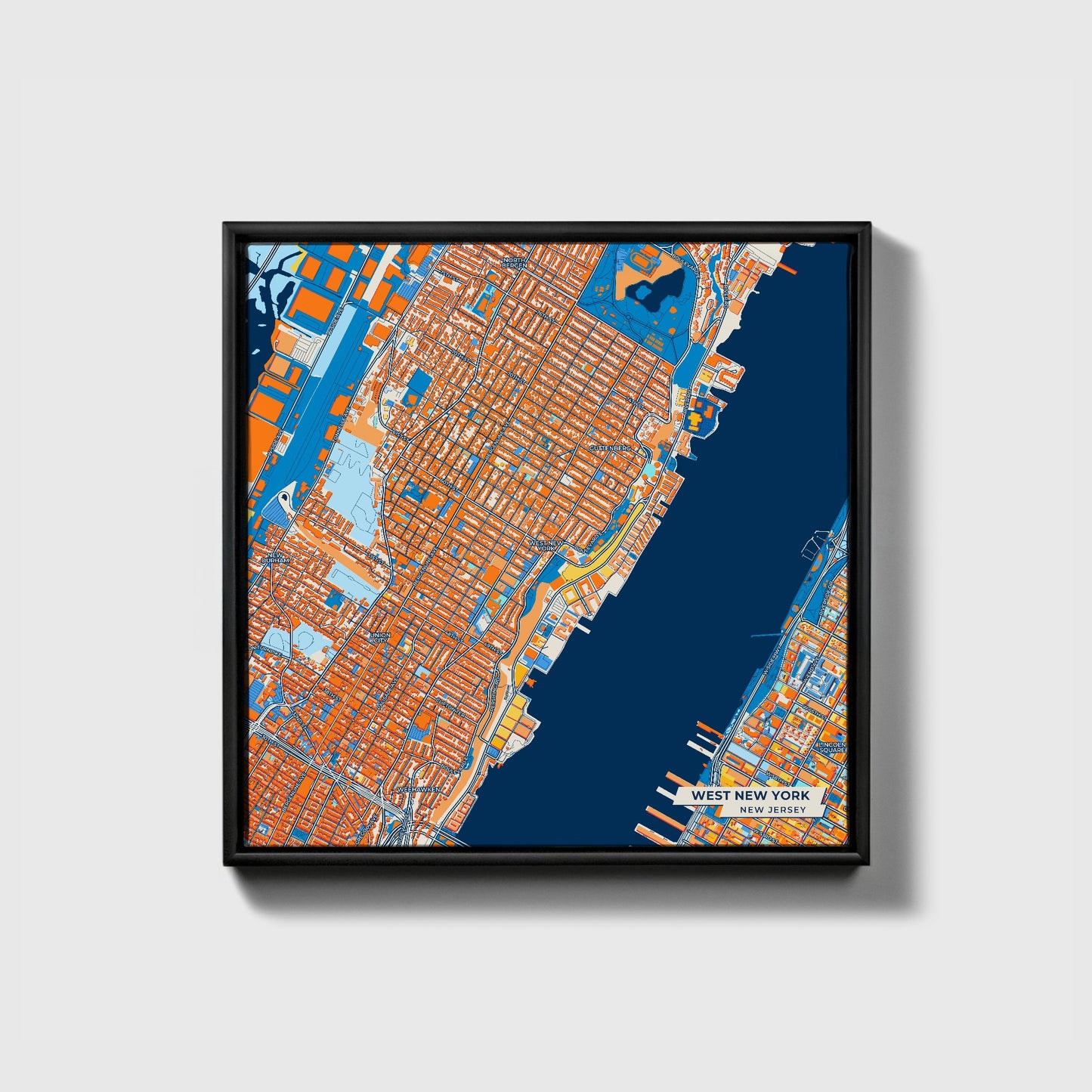 West New York New Jersey Colorful City Map Canvas Print • Black Framed