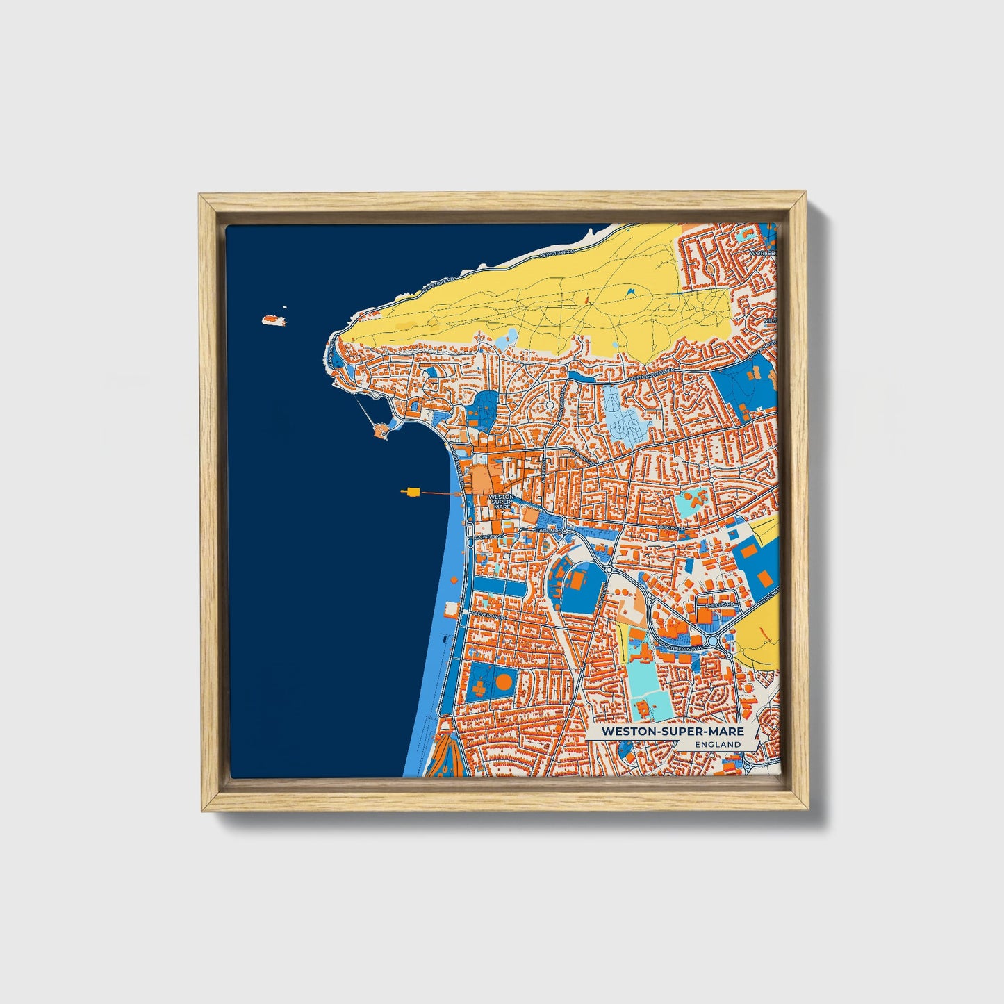 Weston-Super-Mare England Colorful City Map Canvas Print • Natural Wooden Framed