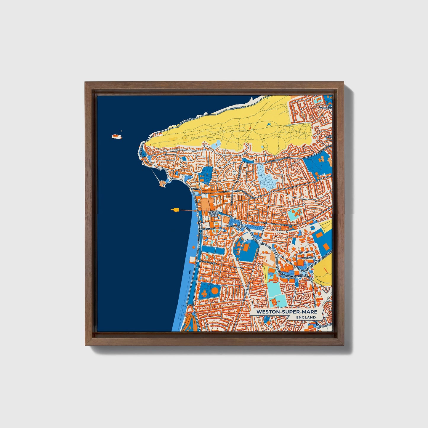 Weston-Super-Mare England Colorful City Map Canvas Print • Dark Wooden Framed