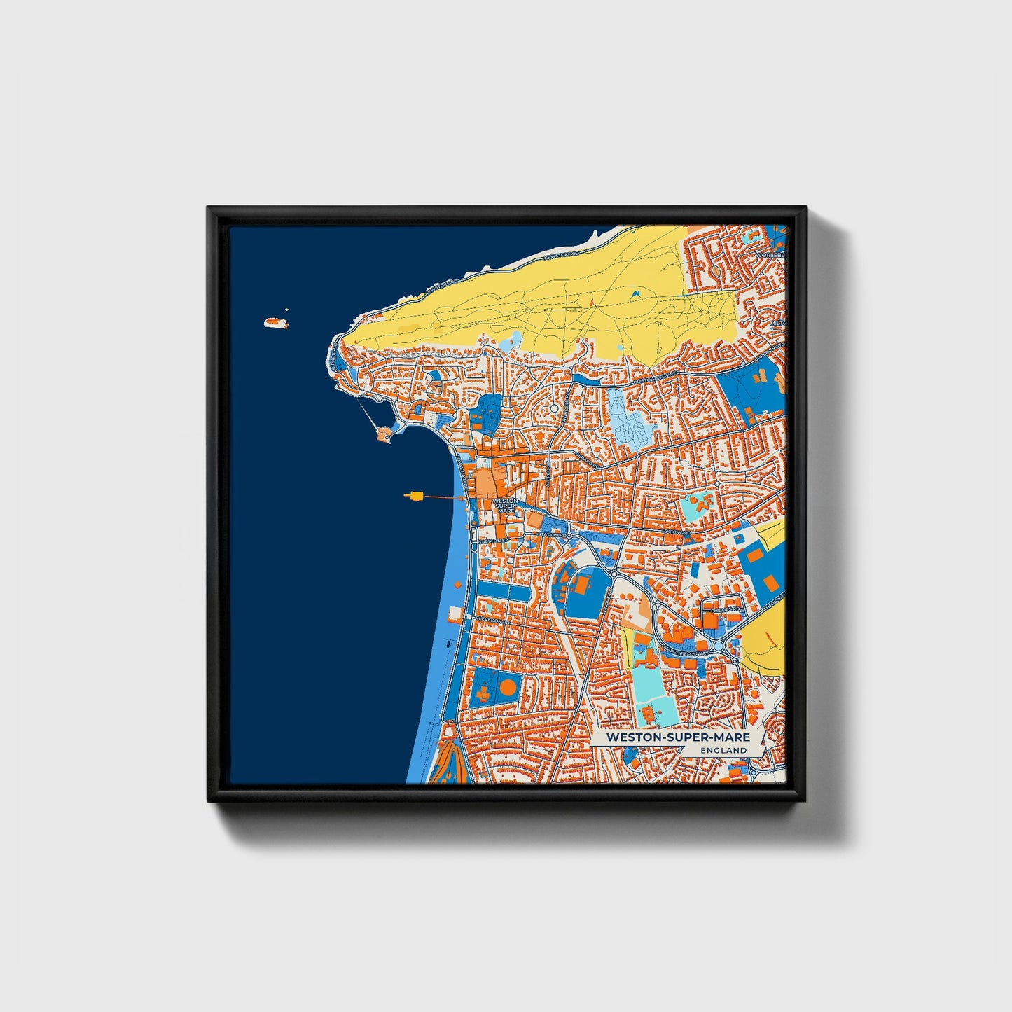 Weston-Super-Mare England Colorful City Map Canvas Print • Black Framed