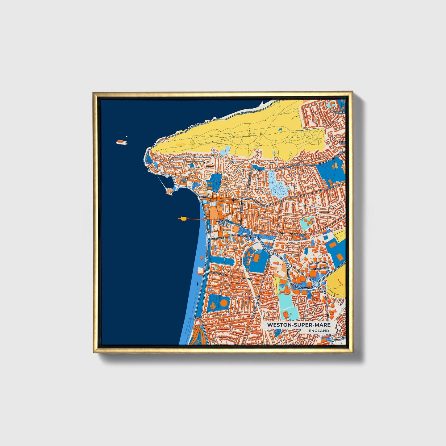 Weston-Super-Mare England Colorful City Map Canvas Print • Gold Framed