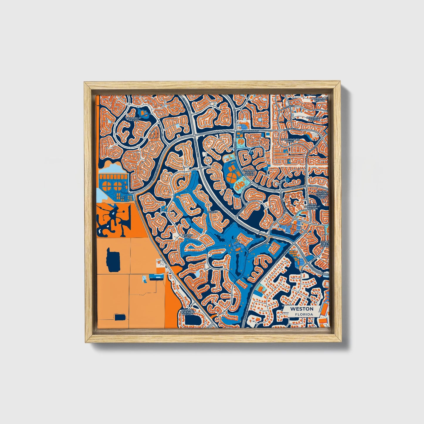 Weston Florida Colorful City Map Canvas Print • Natural Wooden Framed