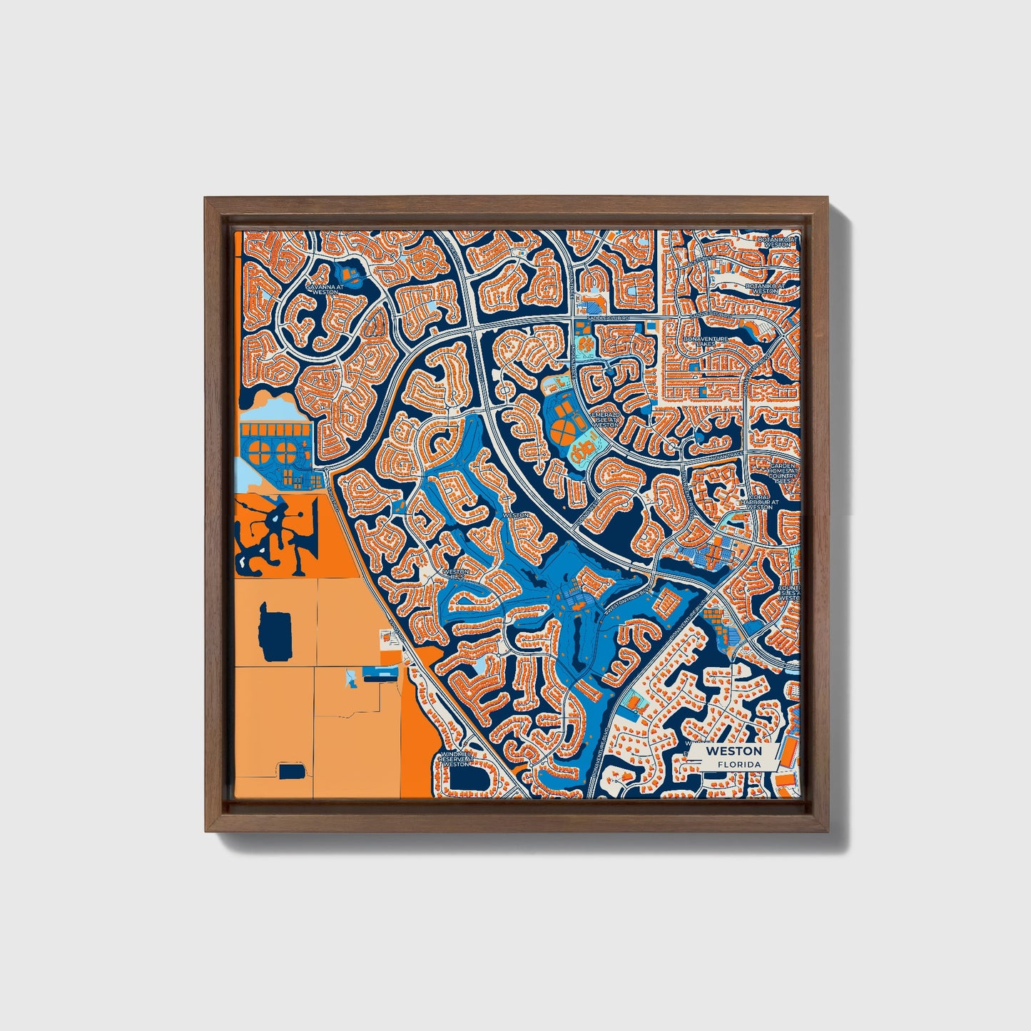 Weston Florida Colorful City Map Canvas Print • Dark Wooden Framed