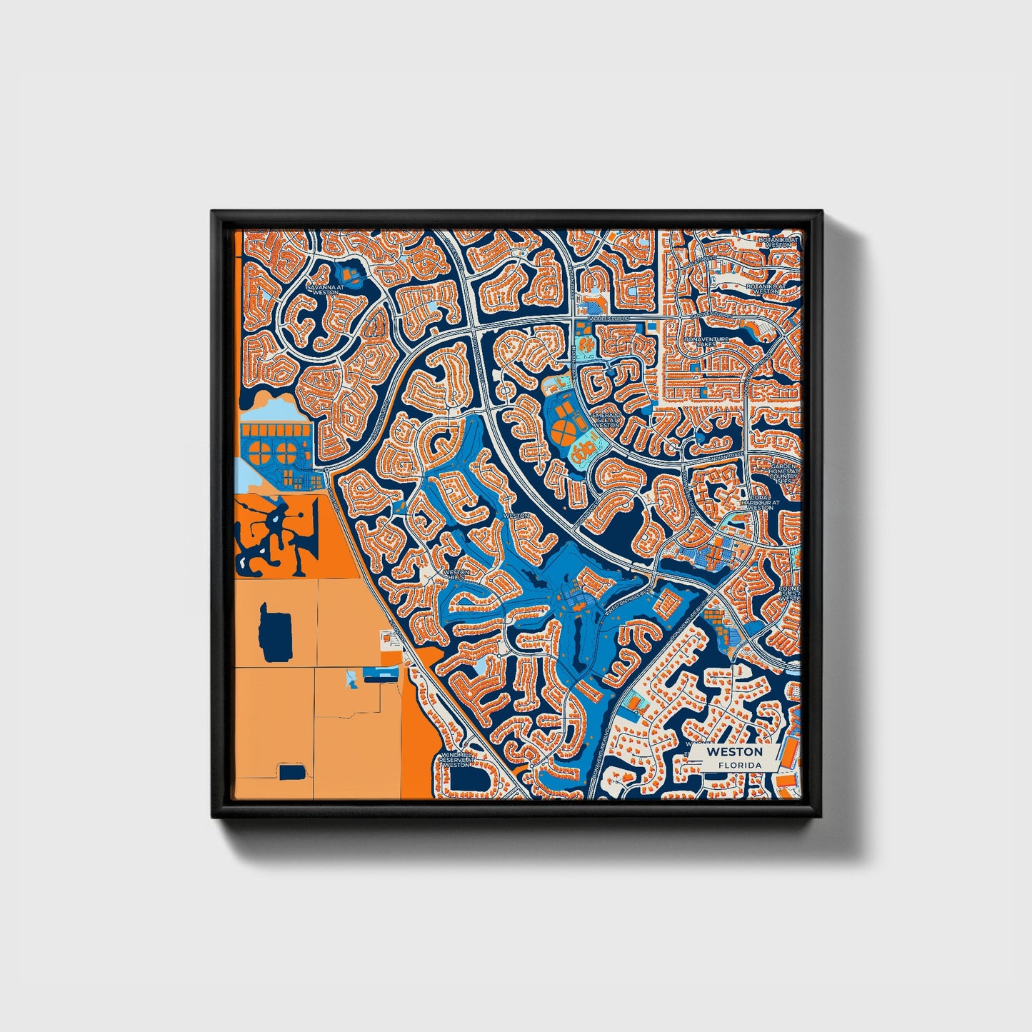 Weston Florida Colorful City Map Canvas Print • Black Framed
