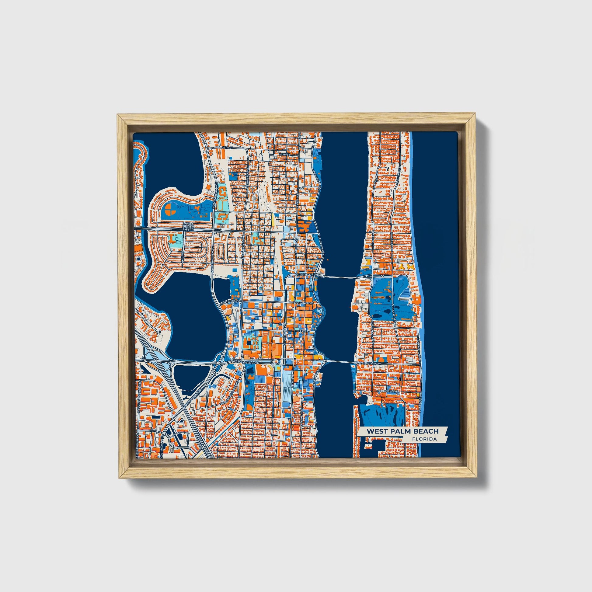 West Palm Beach Florida Colorful City Map Canvas Print • Natural Wooden Framed
