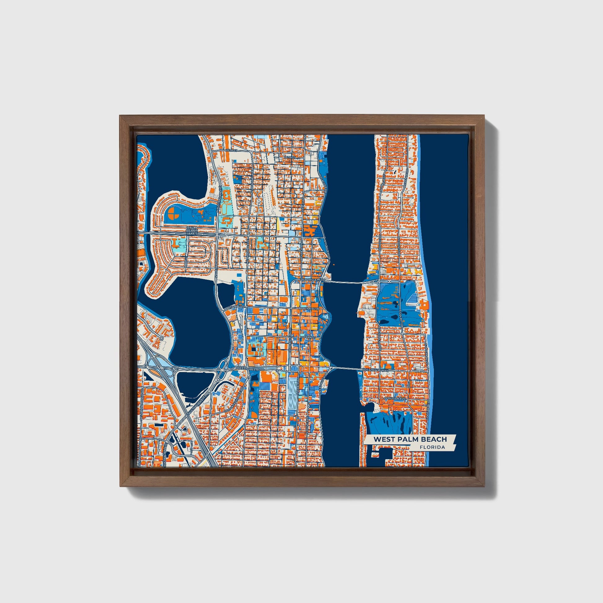 West Palm Beach Florida Colorful City Map Canvas Print • Dark Wooden Framed