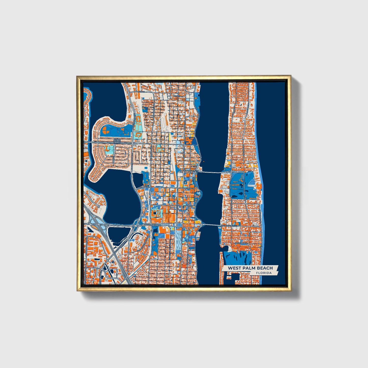 West Palm Beach Florida Colorful City Map Canvas Print • Gold Framed