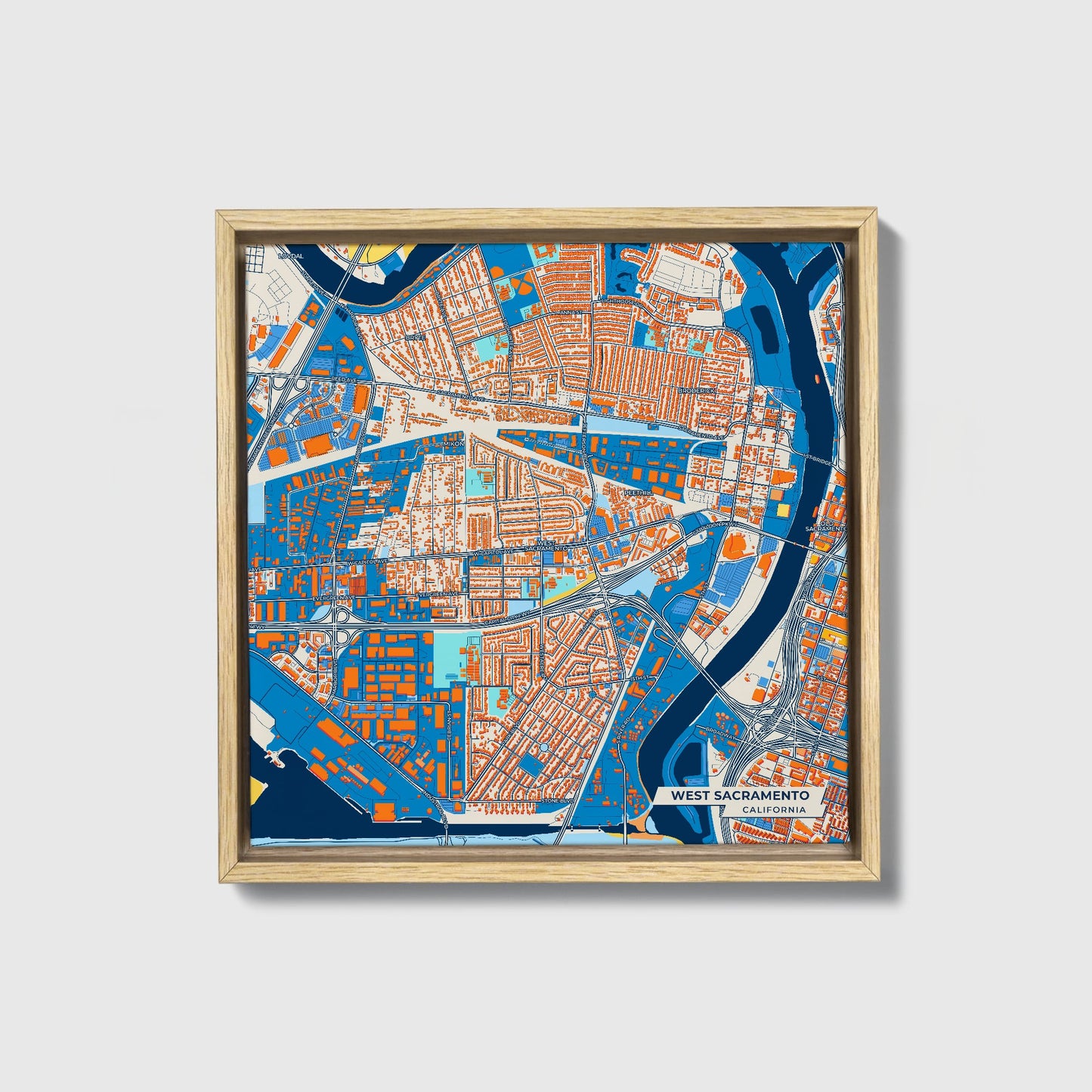 West Sacramento California Colorful City Map Canvas Print • Natural Wooden Framed
