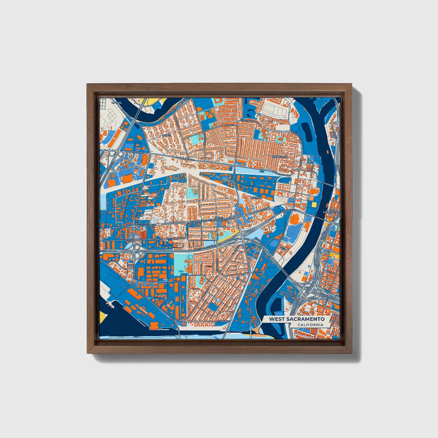 West Sacramento California Colorful City Map Canvas Print • Dark Wooden Framed