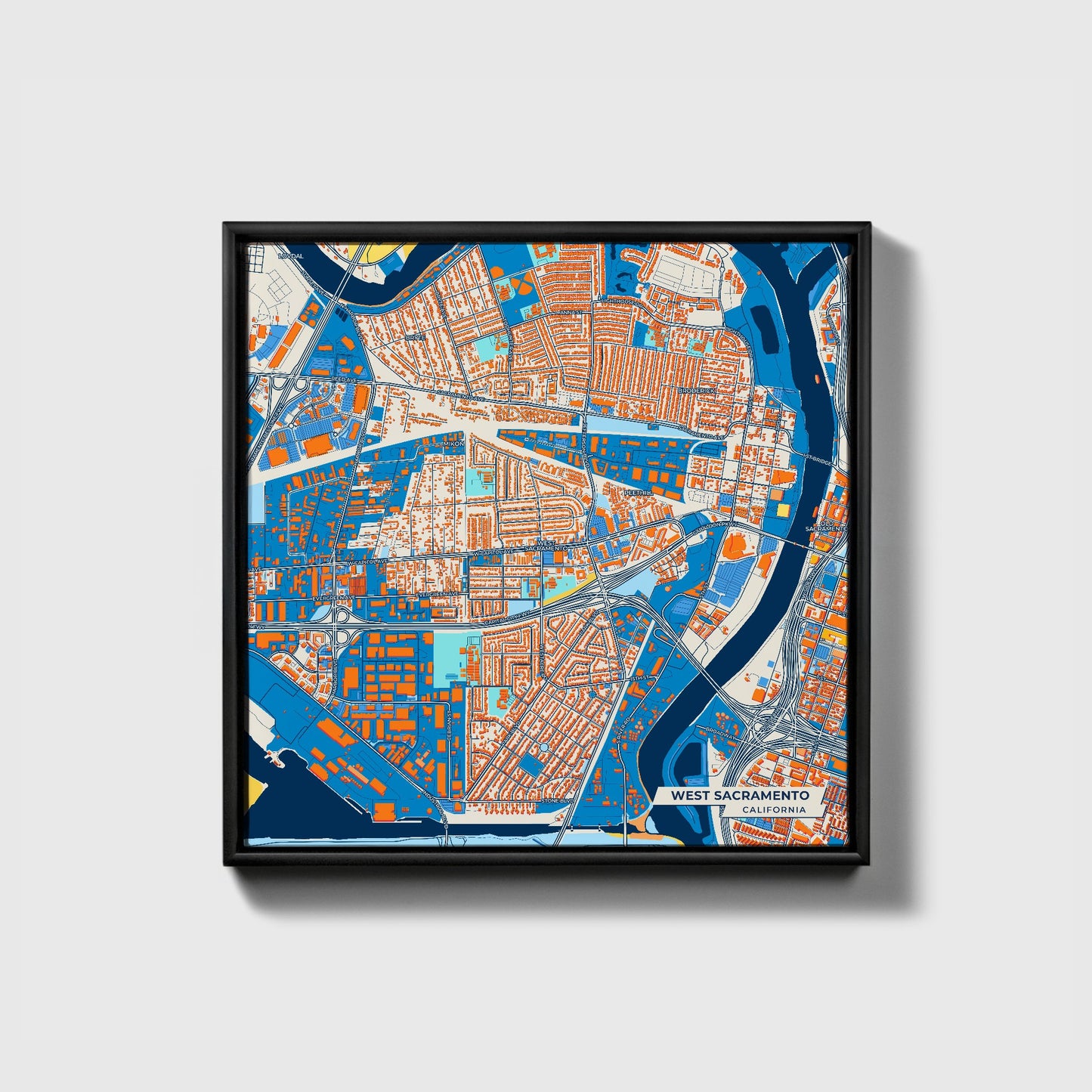 West Sacramento California Colorful City Map Canvas Print • Black Framed