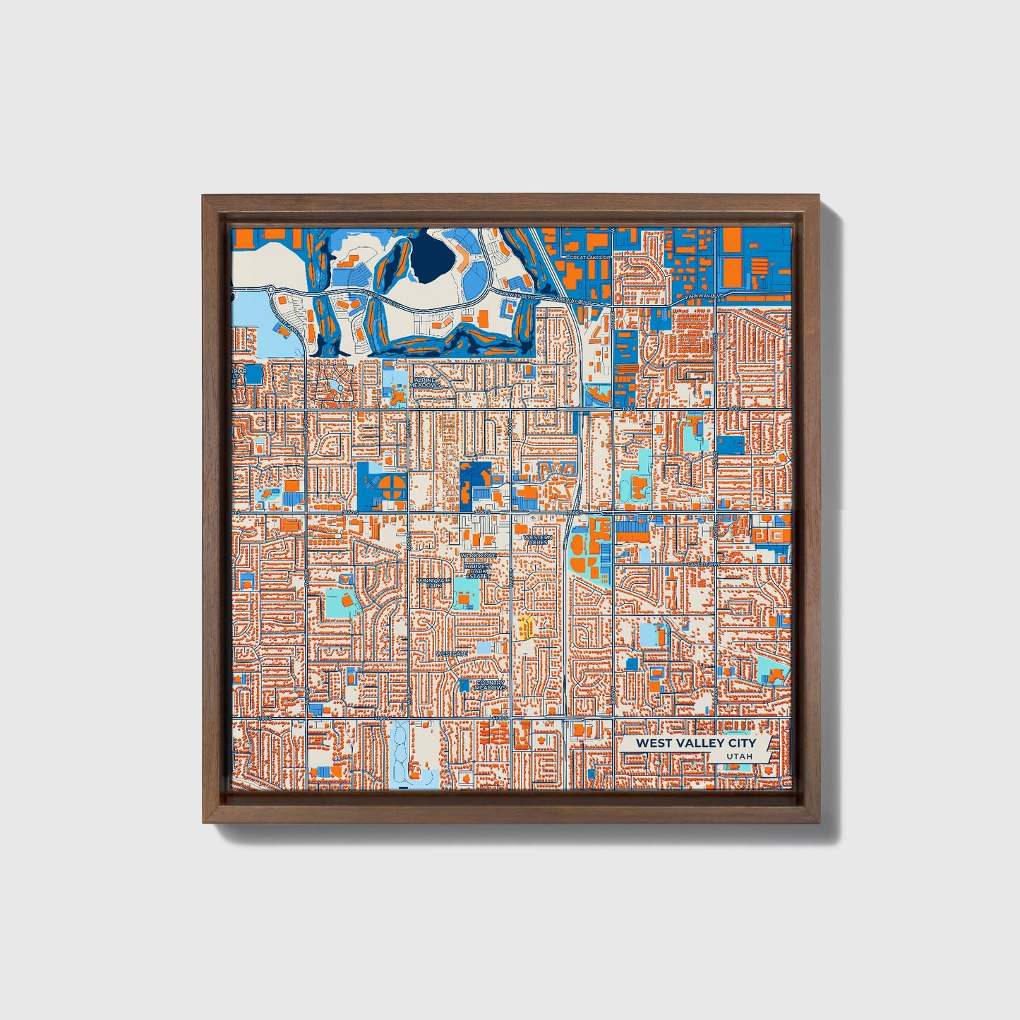 West Valley City Utah Colorful City Map Canvas Print • Dark Wooden Framed