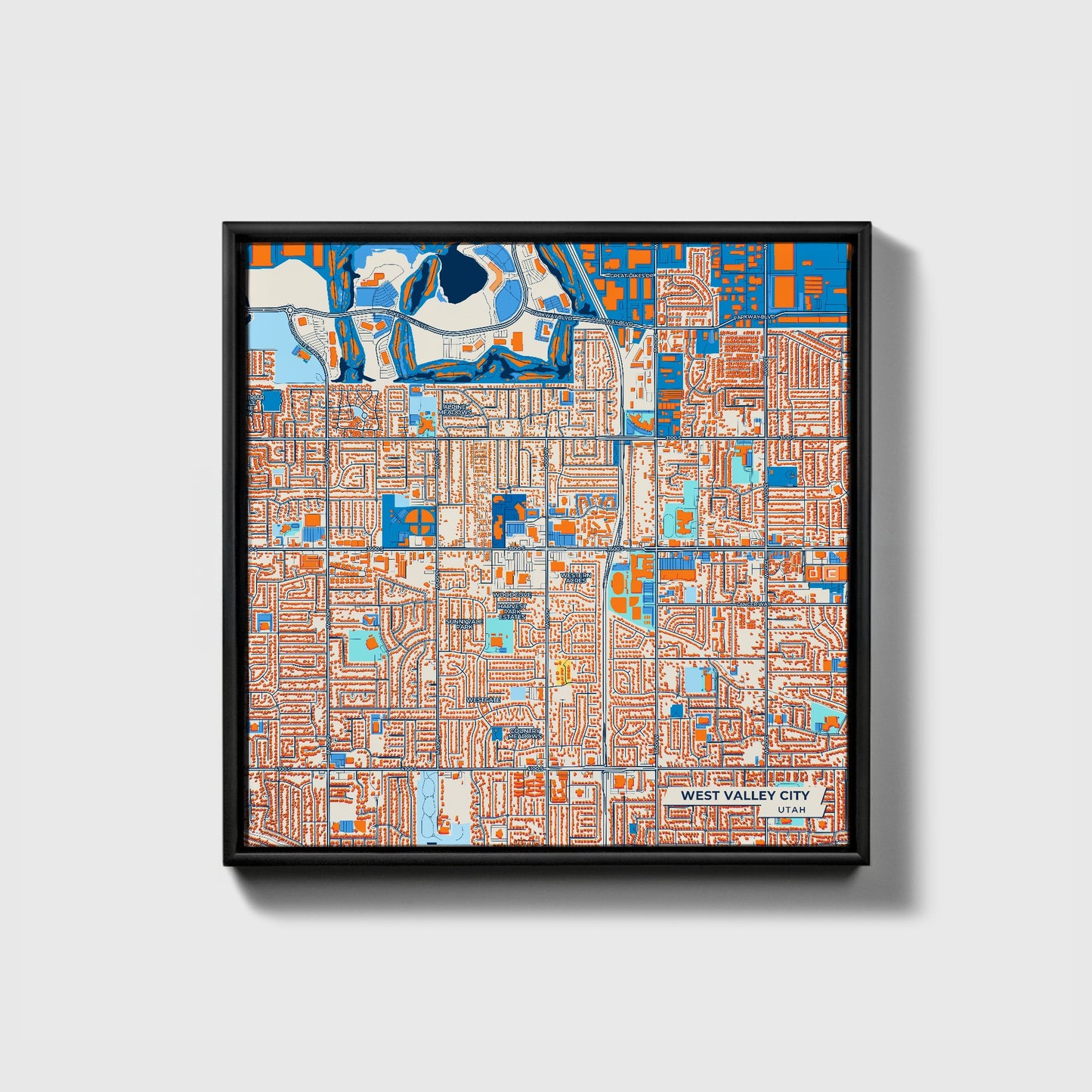 West Valley City Utah Colorful City Map Canvas Print • Black Framed