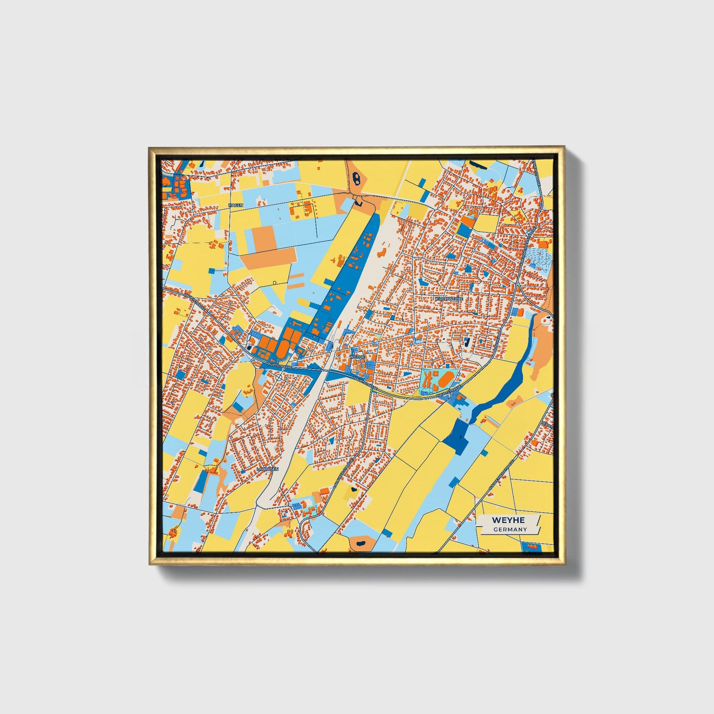 Weyhe  Germany Colorful City Map Canvas Print • Gold Framed