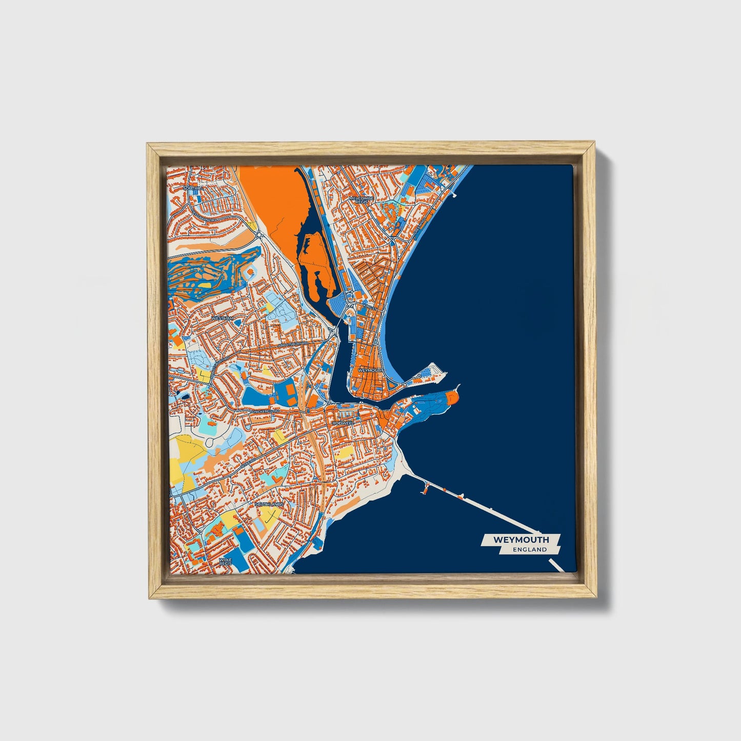 Weymouth England Colorful City Map Canvas Print • Natural Wooden Framed
