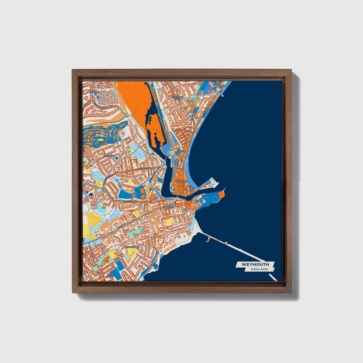 Weymouth England Colorful City Map Canvas Print • Dark Wooden Framed