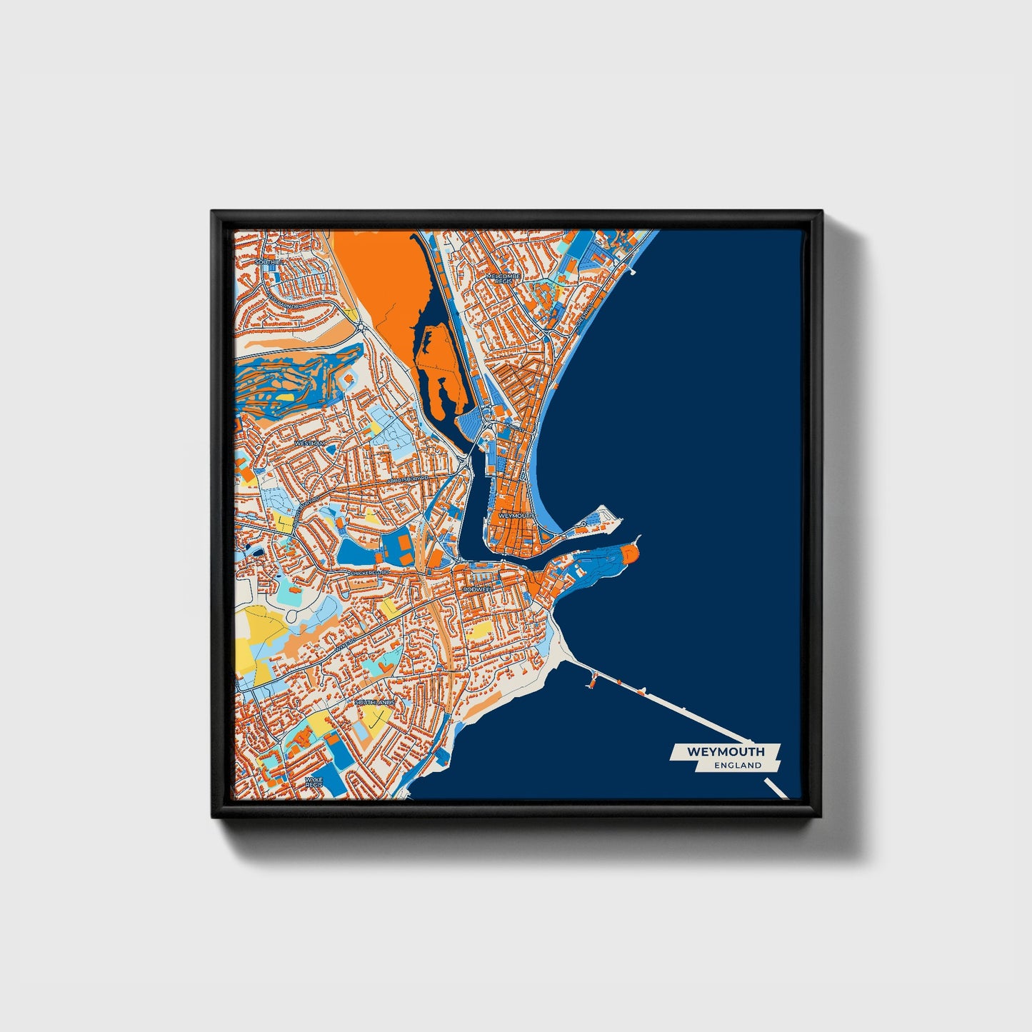 Weymouth England Colorful City Map Canvas Print • Black Framed