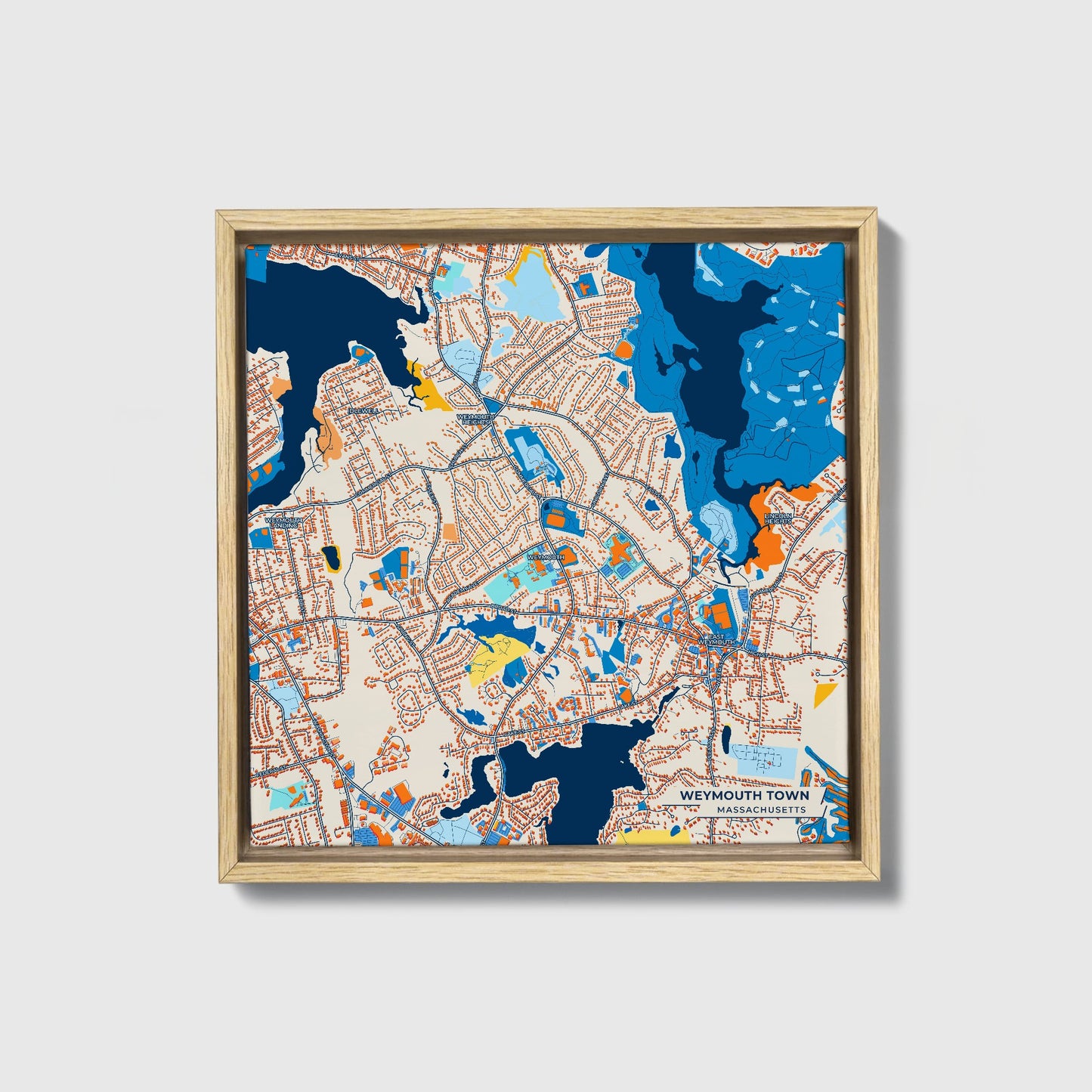 Weymouth Town Massachusetts Colorful City Map Canvas Print • Natural Wooden Framed