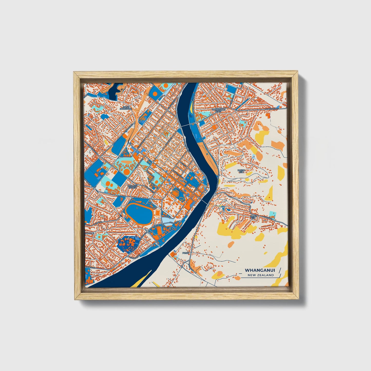 Whanganui New Zealand Colorful City Map Canvas Print • Natural Wooden Framed