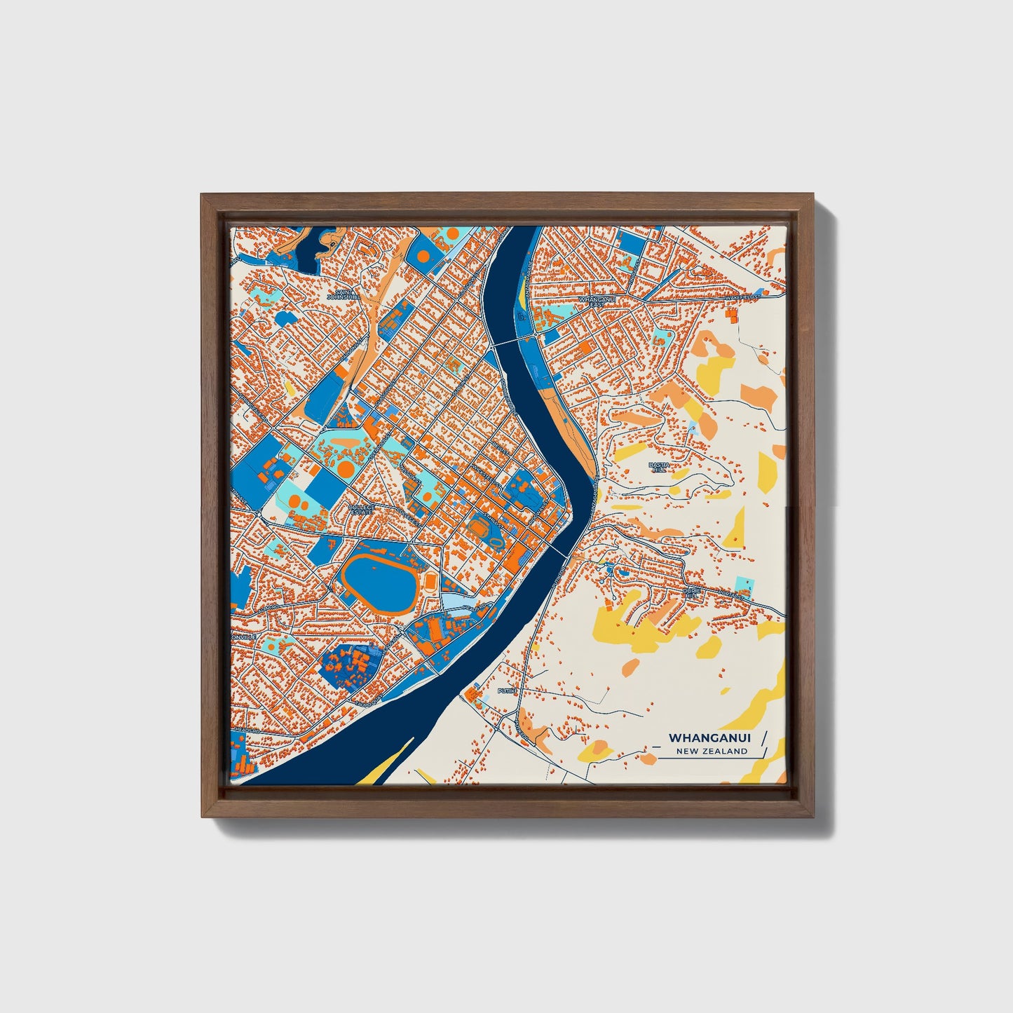 Whanganui New Zealand Colorful City Map Canvas Print • Dark Wooden Framed