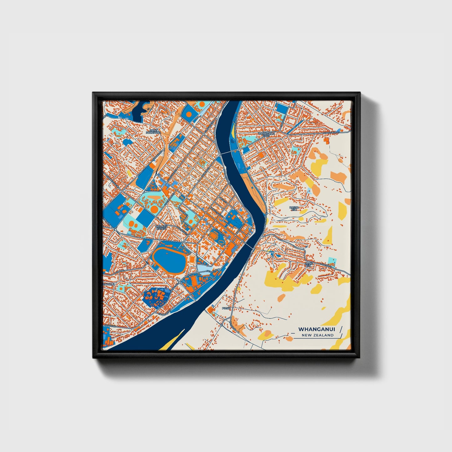 Whanganui New Zealand Colorful City Map Canvas Print • Black Framed