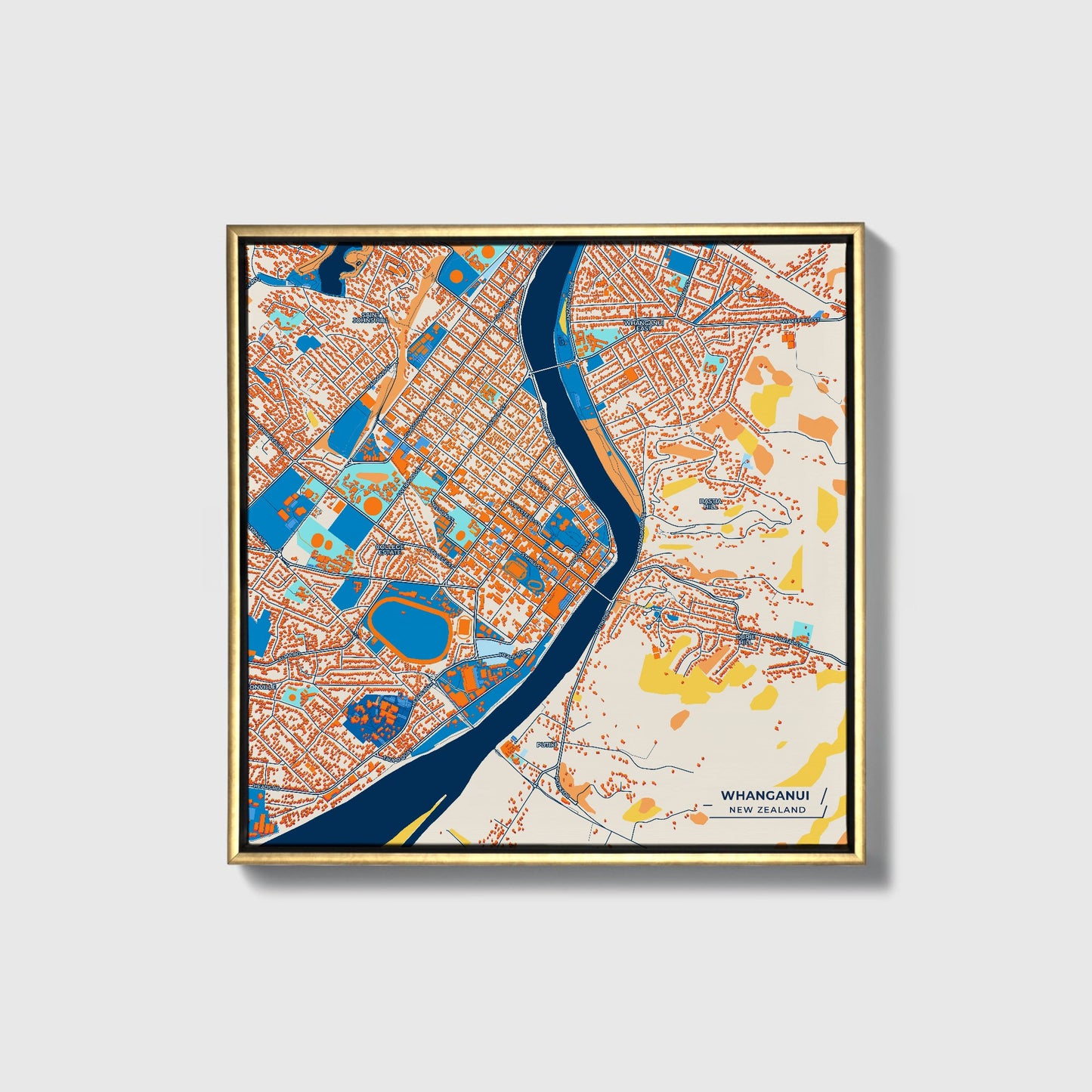 Whanganui New Zealand Colorful City Map Canvas Print • Gold Framed