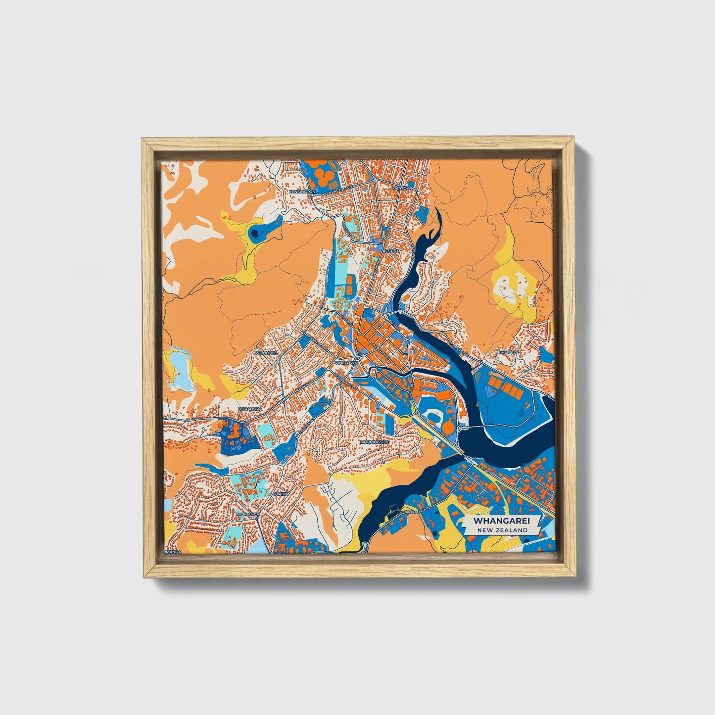 Whangarei New Zealand Colorful City Map Canvas Print • Natural Wooden Framed