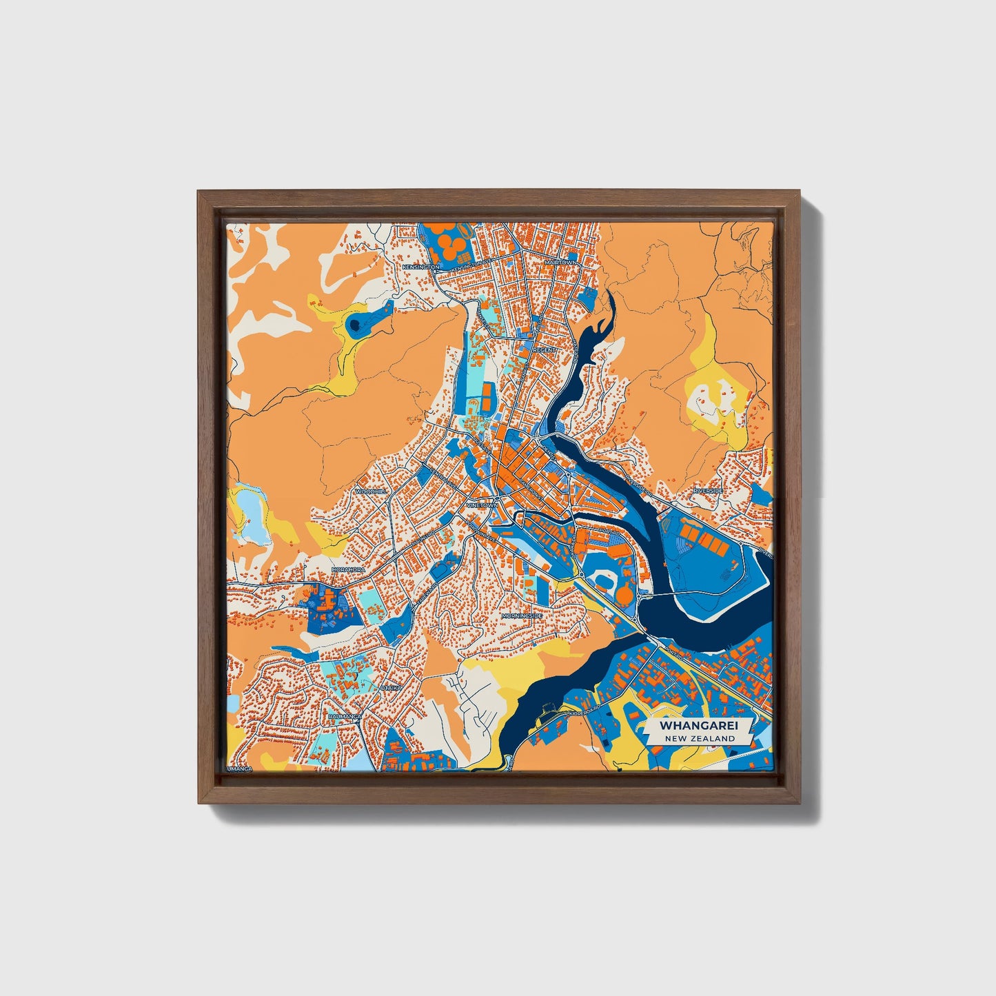 Whangarei New Zealand Colorful City Map Canvas Print • Dark Wooden Framed
