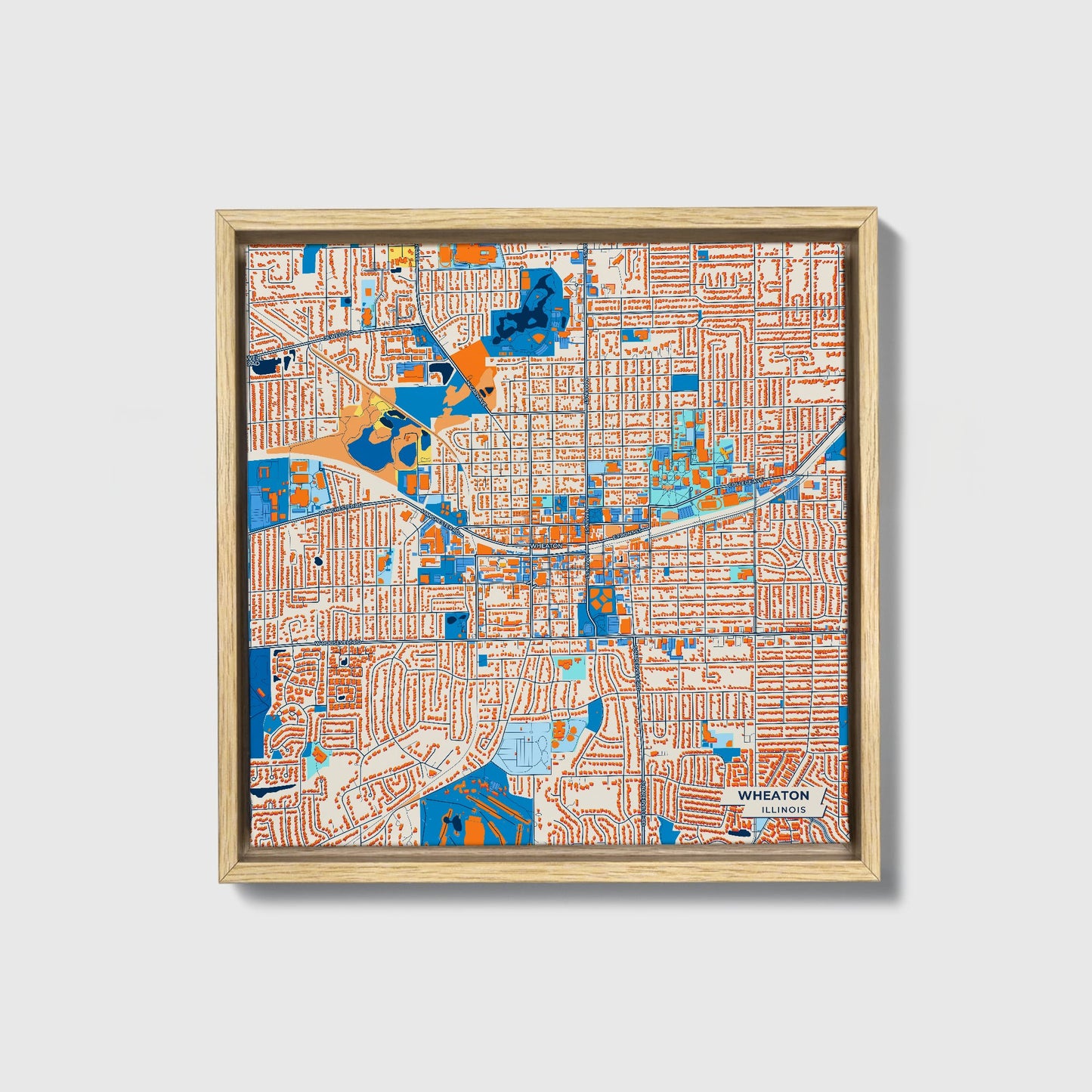 Wheaton Illinois Colorful City Map Canvas Print • Natural Wooden Framed